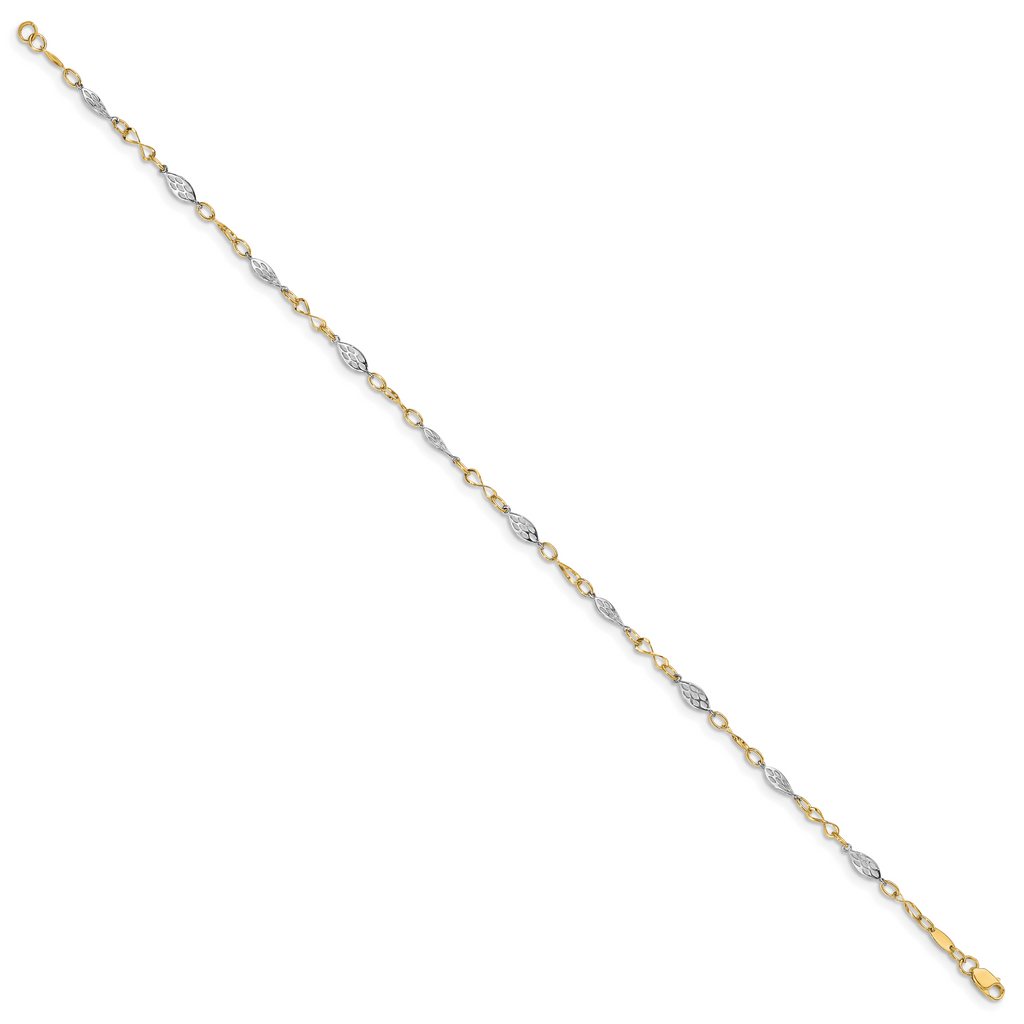 14K Two-tone Fancy Link 9 inch Plus 1 inch Extender - Total 10 inch Anklet