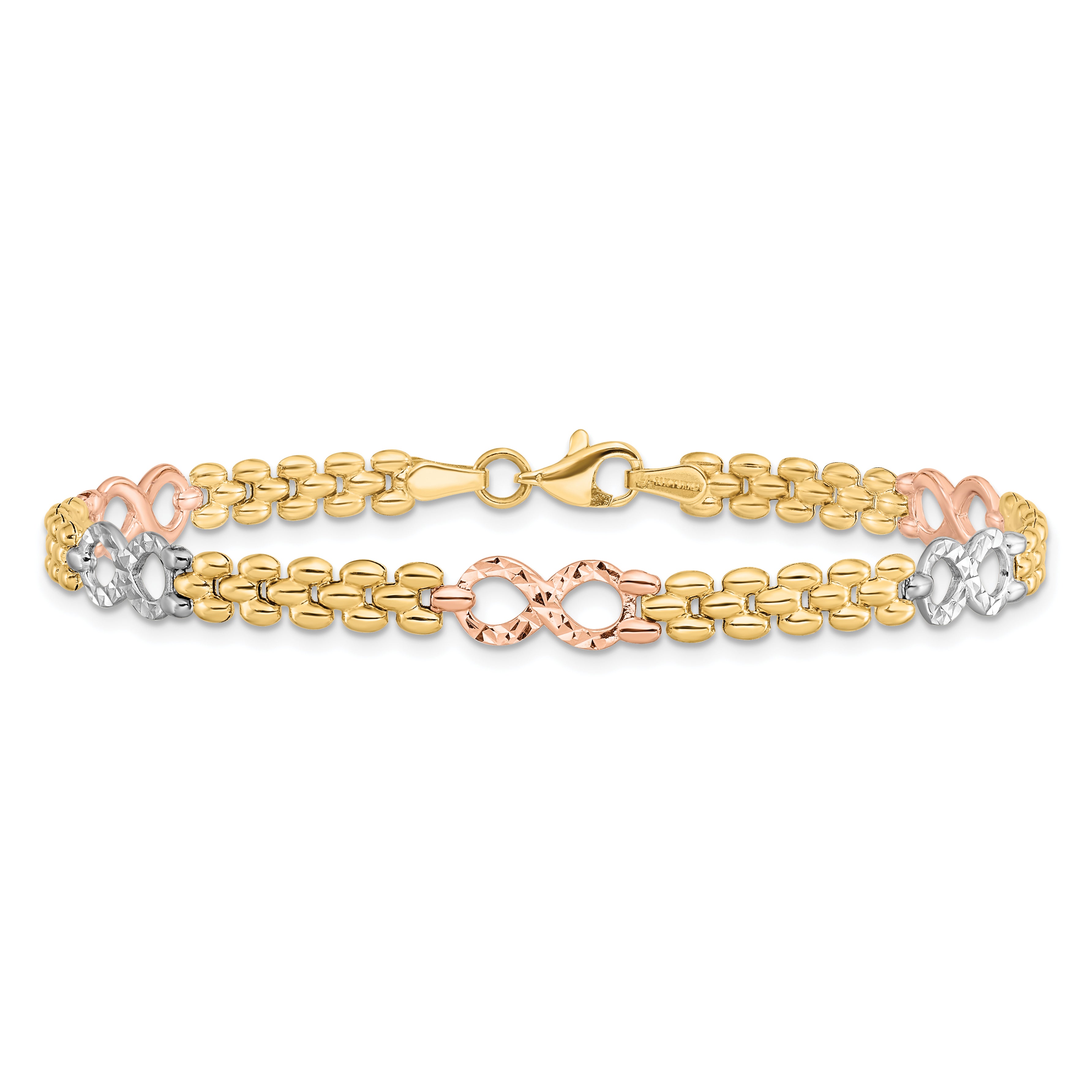14K Tri-color Polished and Textured Infinity Fancy Bracelet