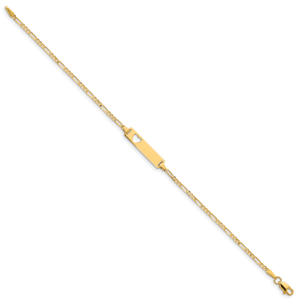 14k Polished Solid Chain/Solid Plate Figaro Link Cut-out Heart 20x5mm Plate 7 inch ID Bracelet