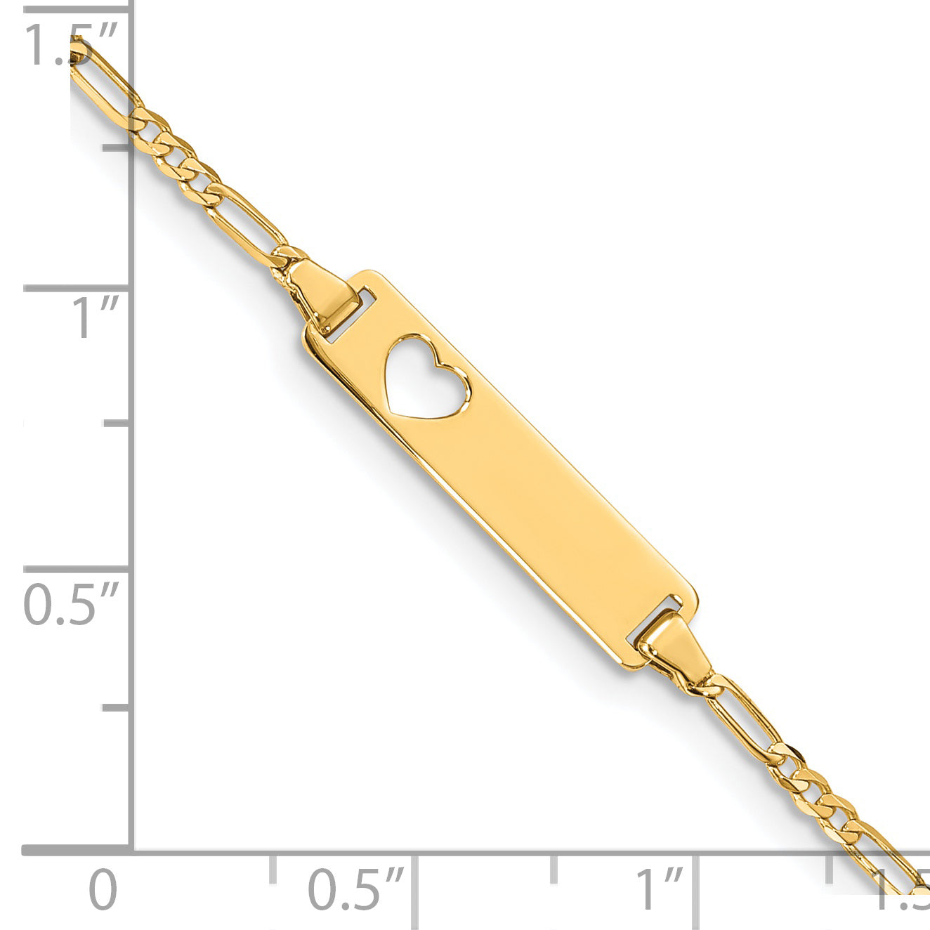 14k Polished Solid Chain/Solid Plate Figaro Link Cut-out Heart 20x5mm Plate 7 inch ID Bracelet