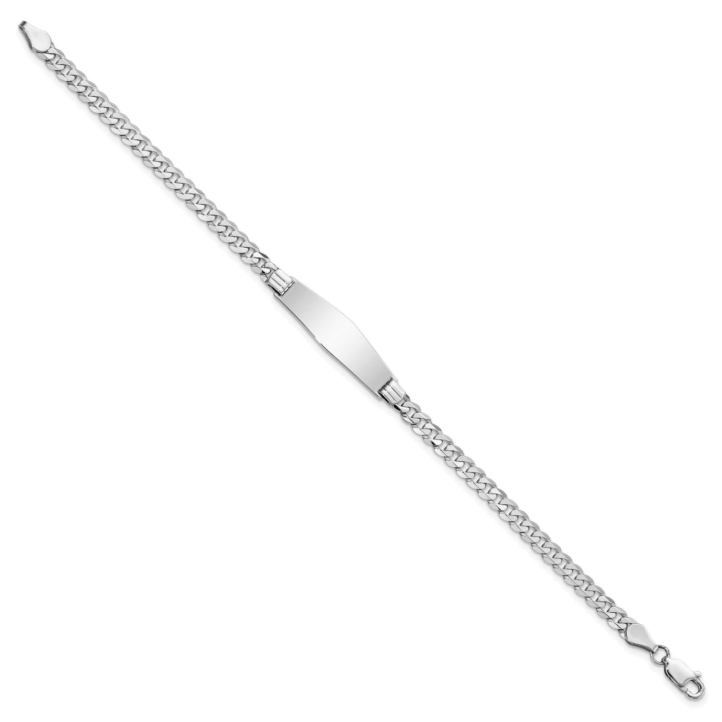 14k White Gold Polished Solid Chain/Solid Plate Flat Curb Link Soft Diamond Shape 25.5x7.5mm Plate ID Bracelet