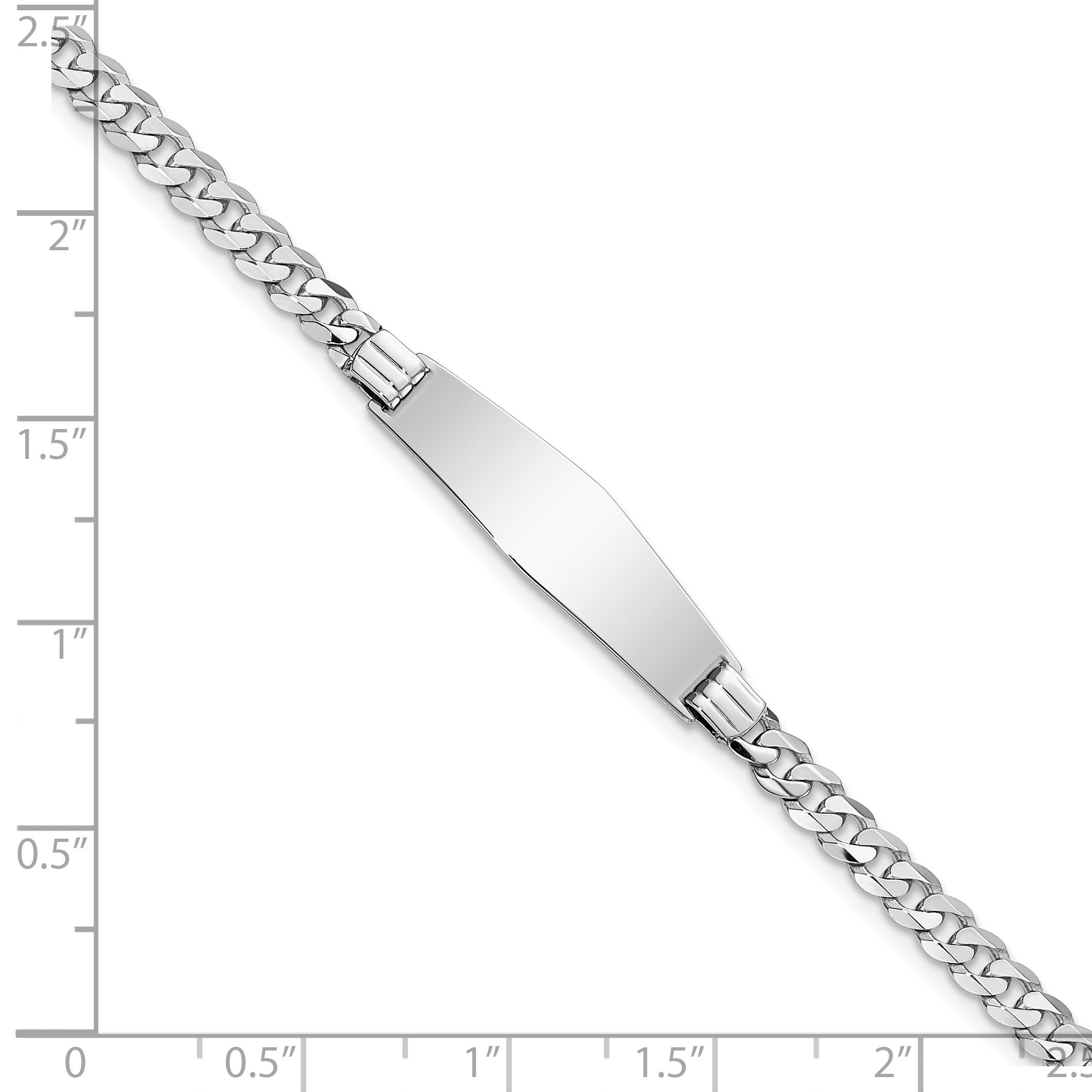 14k White Gold Polished Solid Chain/Solid Plate Flat Curb Link Soft Diamond Shape 25.5x7.5mm Plate ID Bracelet