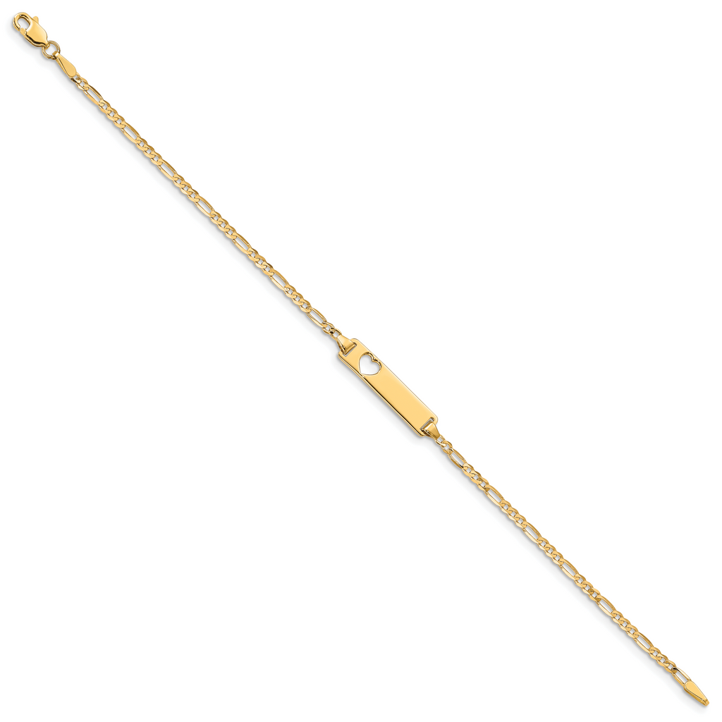 14k Polished Solid Chain/Solid Plate Figaro Link Cut-out Heart 20x5mm Plate 7 inch ID Bracelet