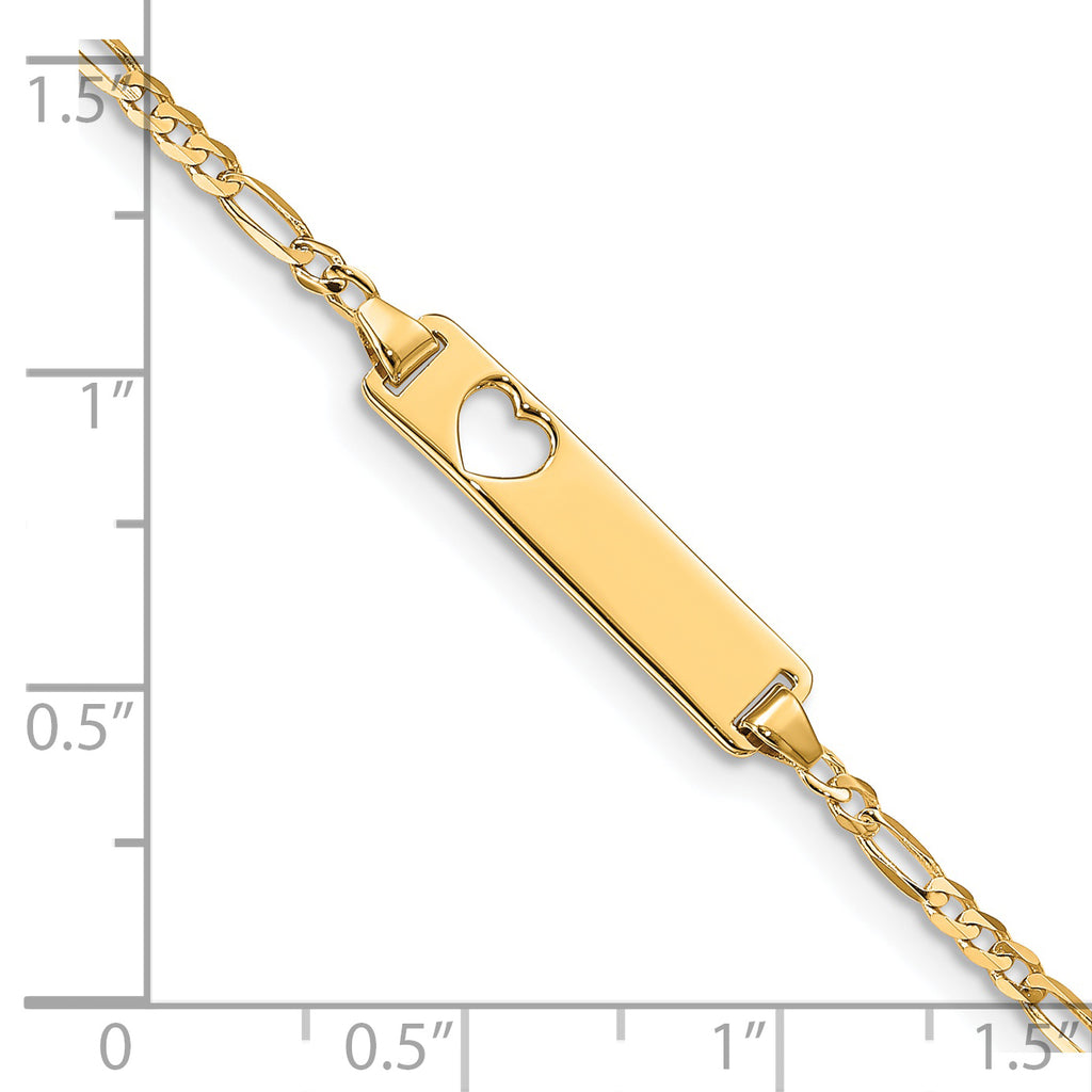 14k Polished Solid Chain/Solid Plate Figaro Link Cut-out Heart 20x5mm Plate 7 inch ID Bracelet