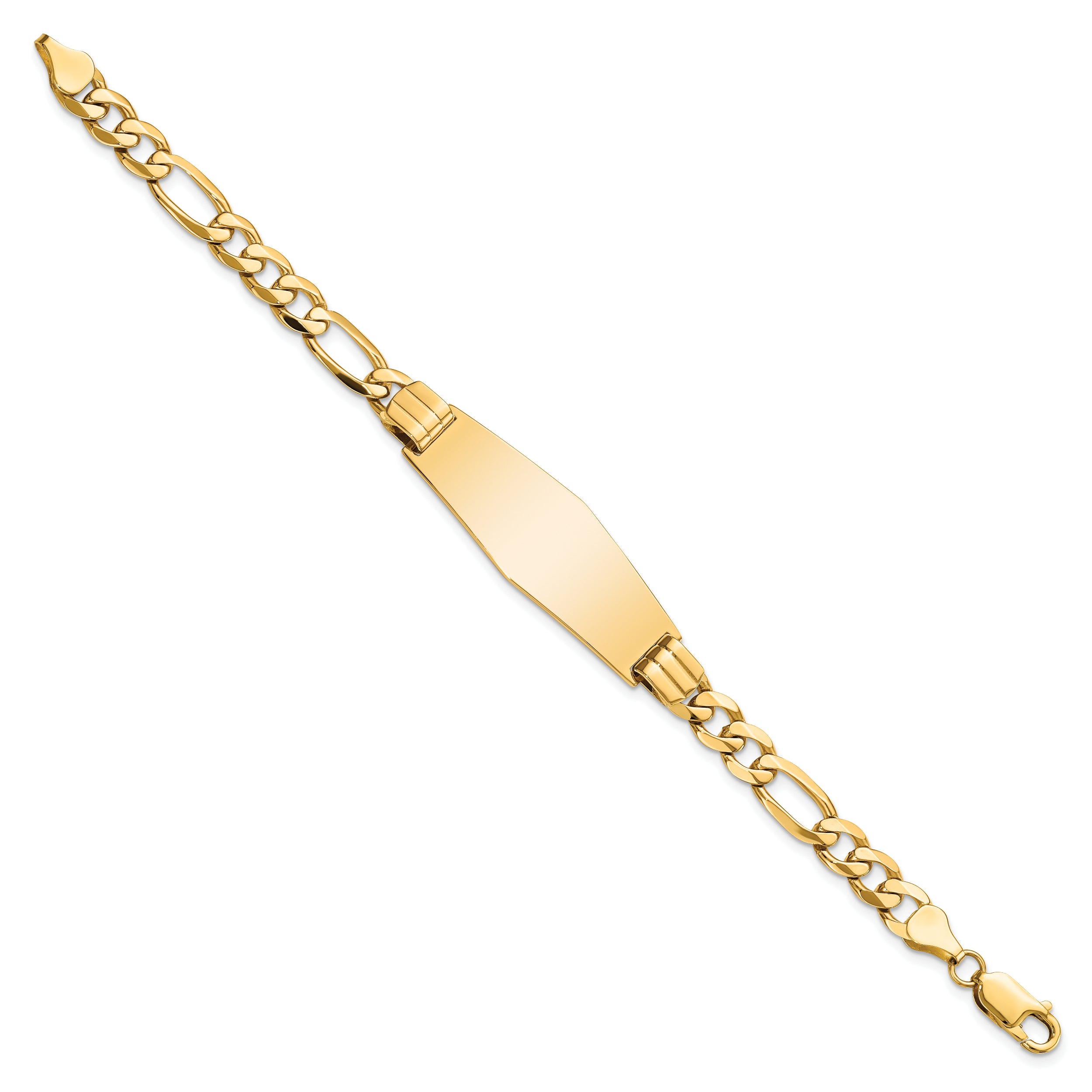 14k Polished Solid Chain/Solid Plate Flat Figaro Link Soft Diamond Shape 37x13.5mm Plate 8 inch ID Bracelet