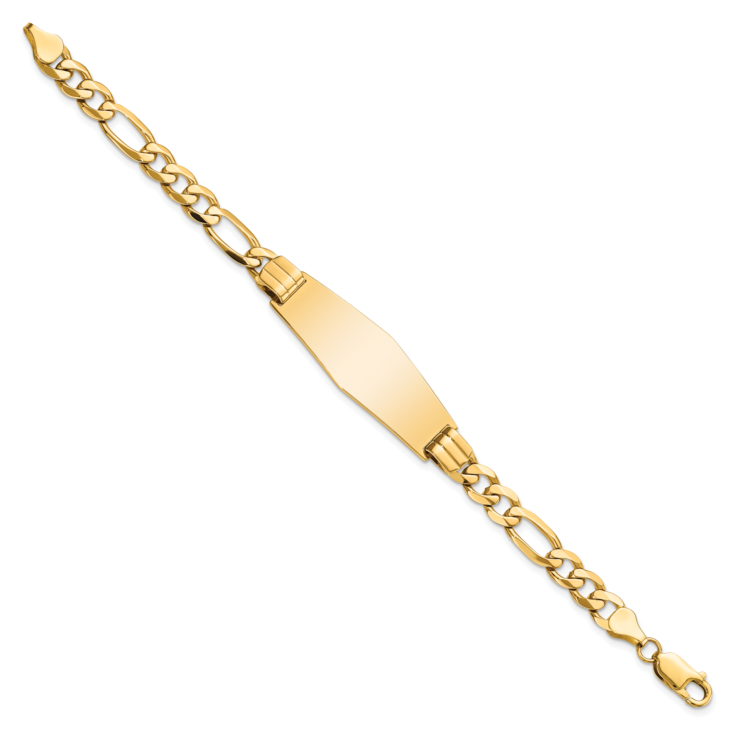 14k Polished Solid Chain/Solid Plate Flat Figaro Link Soft Diamond Shape 37x13.5mm Plate 8 inch ID Bracelet