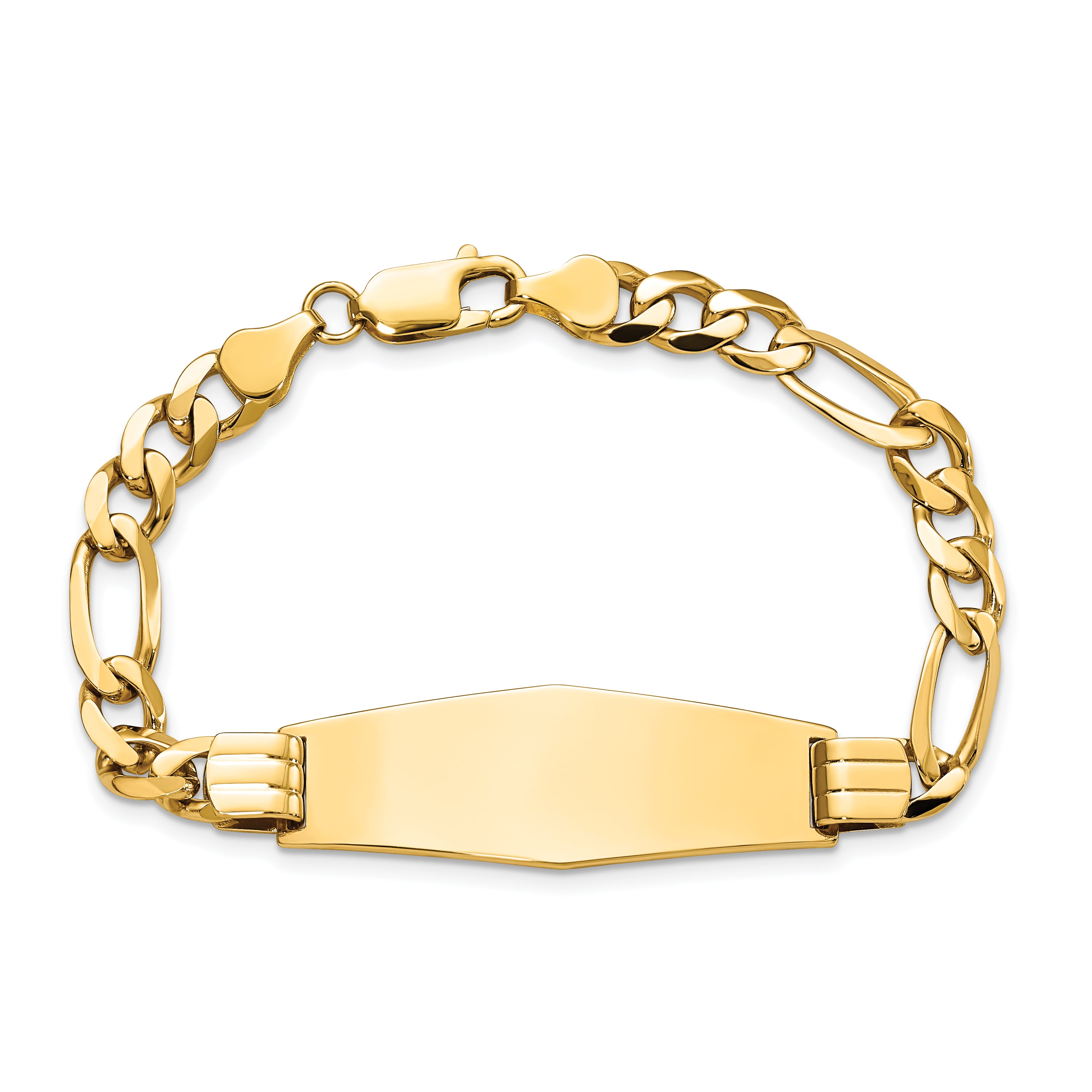14k Polished Solid Chain/Solid Plate Flat Figaro Link Soft Diamond Shape 37x13.5mm Plate 8 inch ID Bracelet