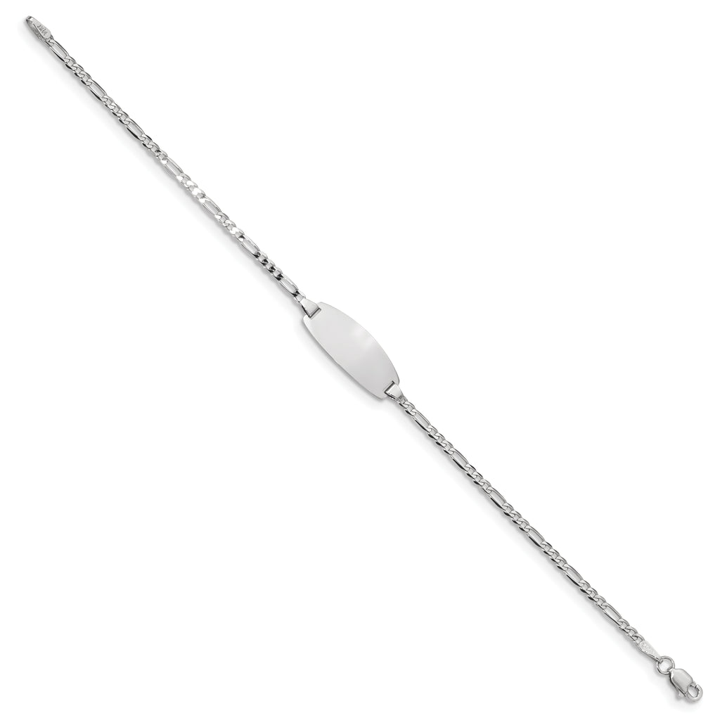 14k White Gold Polished Solid Chain/Solid Plate Figaro Link Oval 18x7.5mm Plate 7 inch ID Bracelet