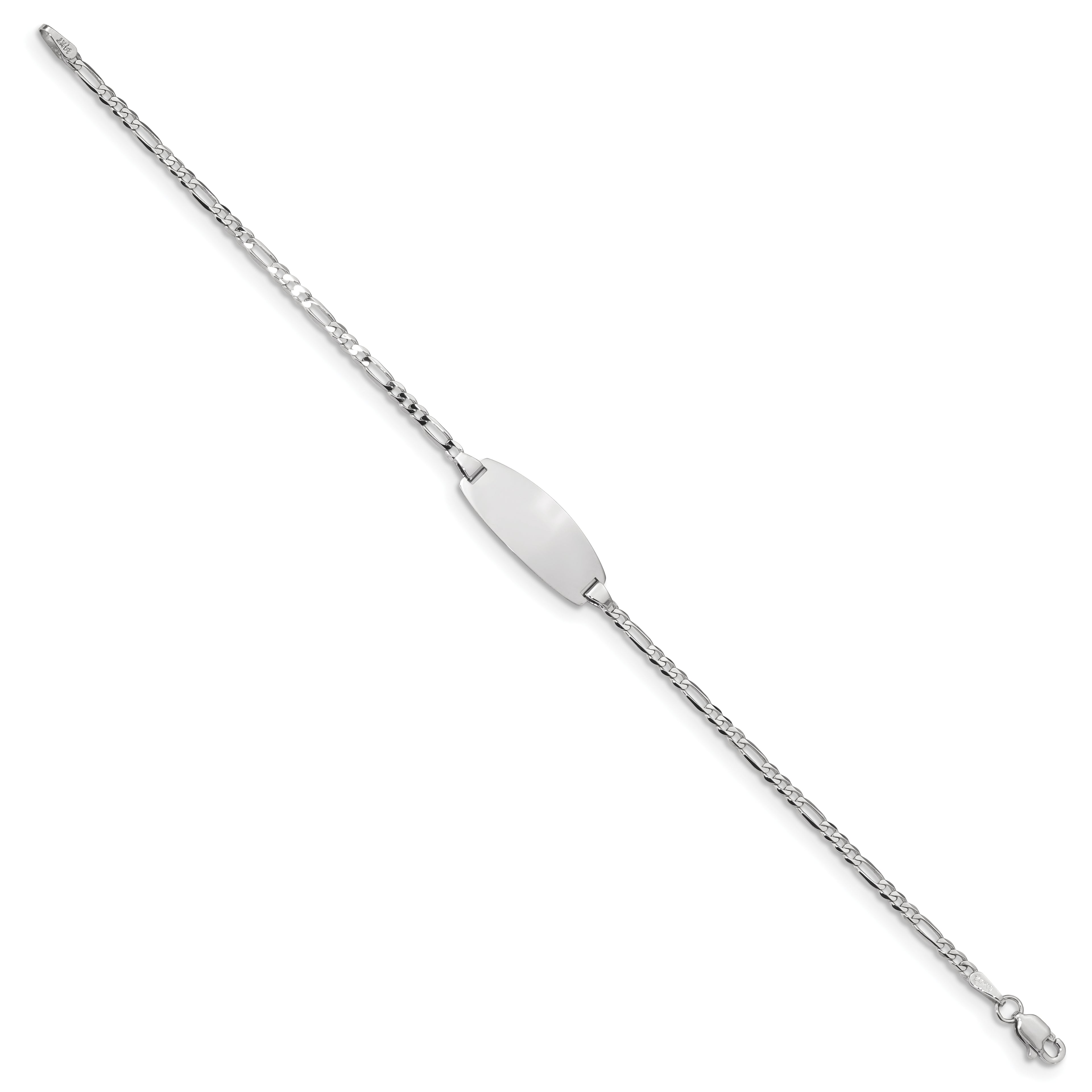 14k White Gold Polished Solid Chain/Solid Plate Figaro Link Oval 18x7.5mm Plate 7 inch ID Bracelet