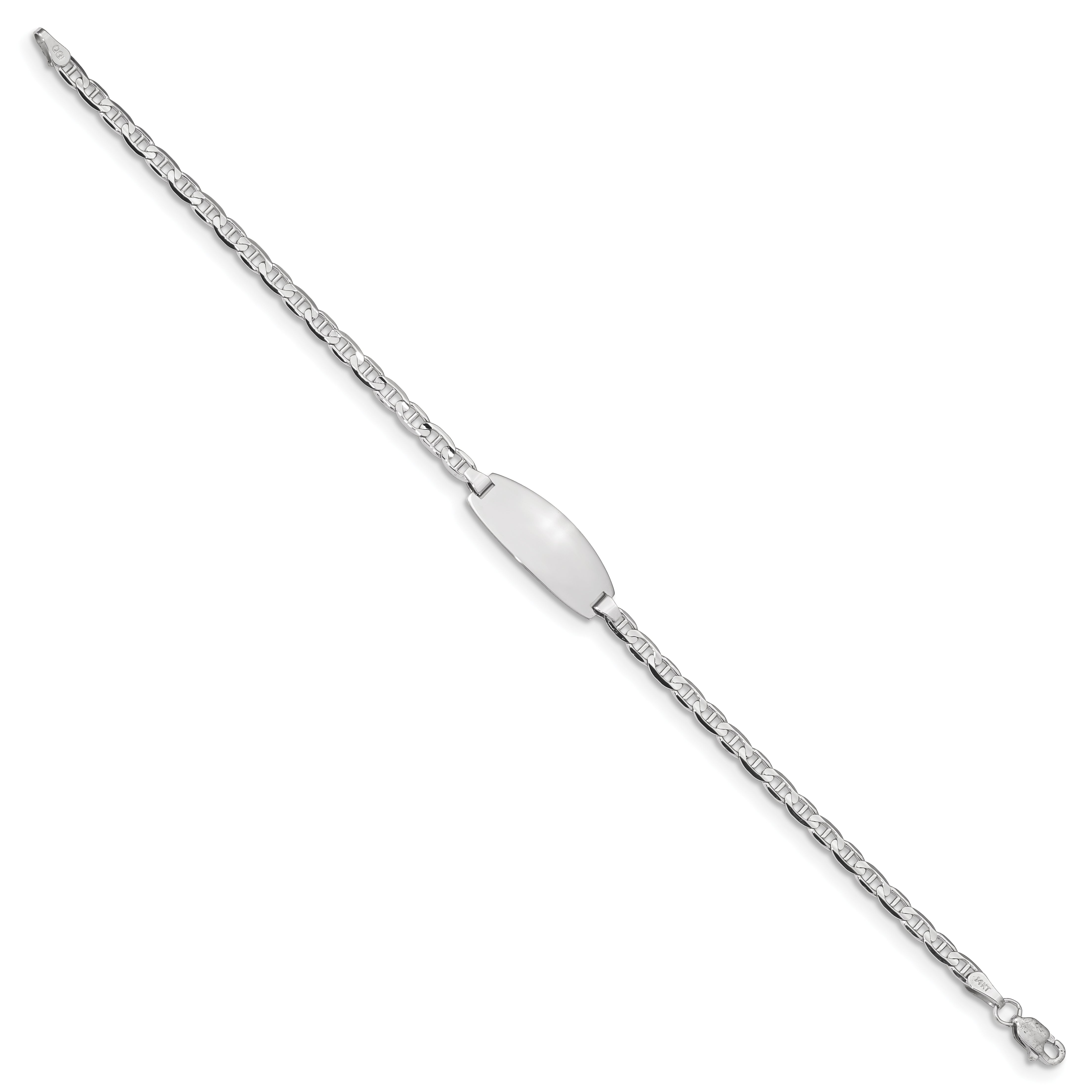 14k White Gold Polished Solid Chain/Solid Plate  Anchor Link Oval 18x8mm Plate 7 inch ID Bracelet