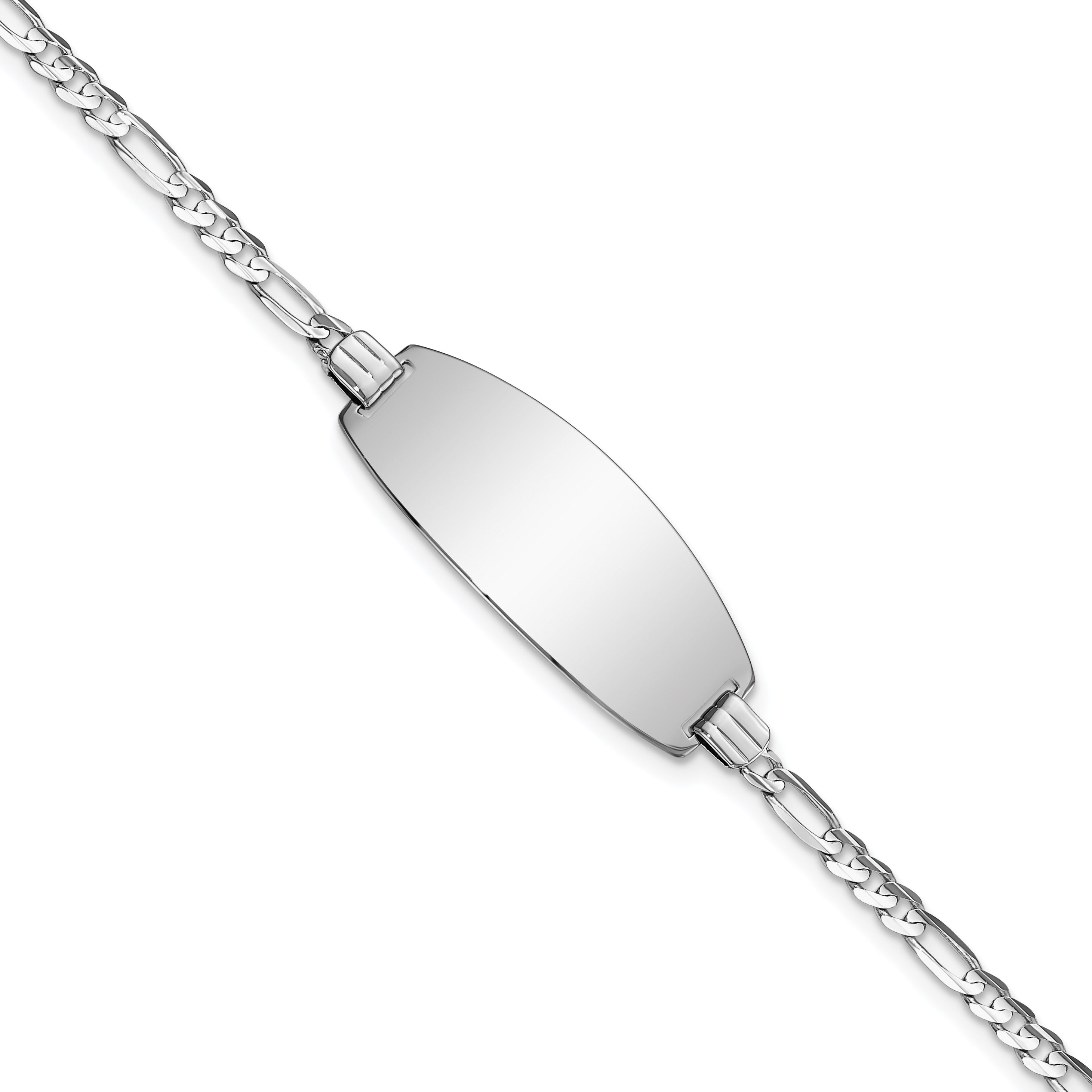 14k White Gold Polished Solid Chain/Solid Plate Figaro Link Oval 24x10.5mm Plate 8 inch ID Bracelet