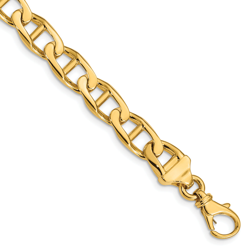 14K 8 inch 9mm Hand Polished Fancy Anchor Link with Fancy Lobster Clasp Bracelet