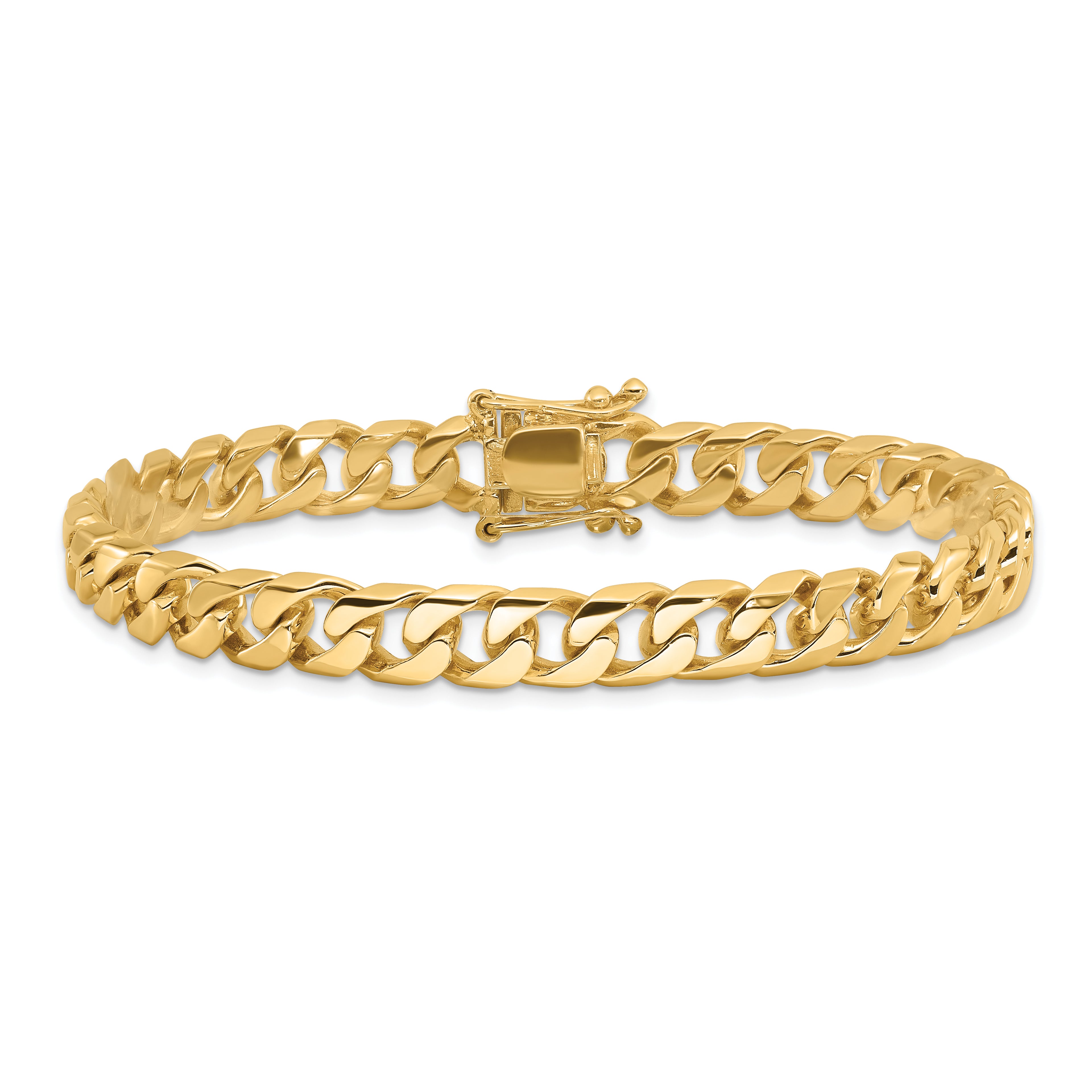 14K 8 inch 7.5mm Hand Polished Flat Beveled Curb Link with Box Catch Clasp Bracelet