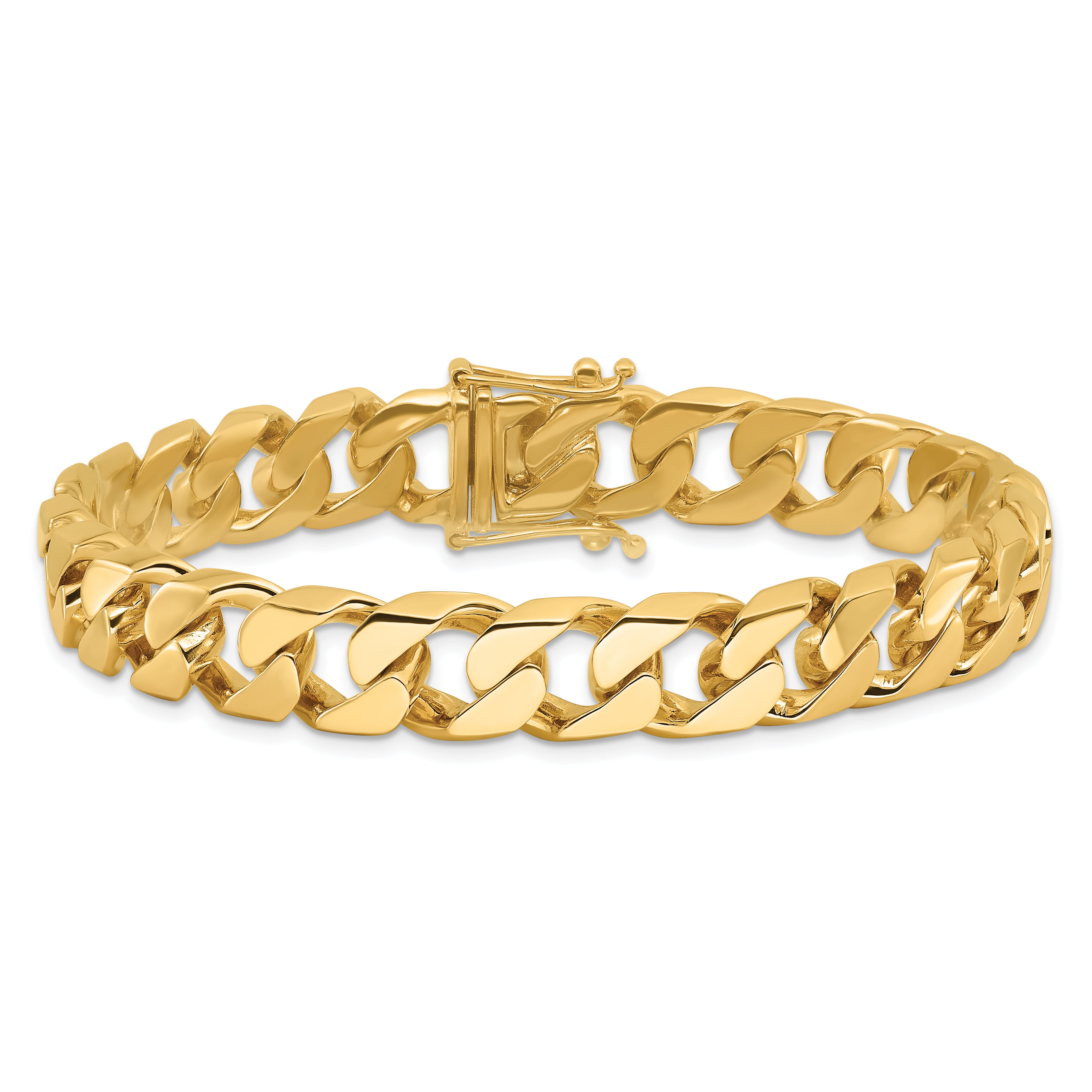 14K 8 inch 10.6mm Hand Polished Flat Beveled Curb Link with Box Catch Clasp Bracelet
