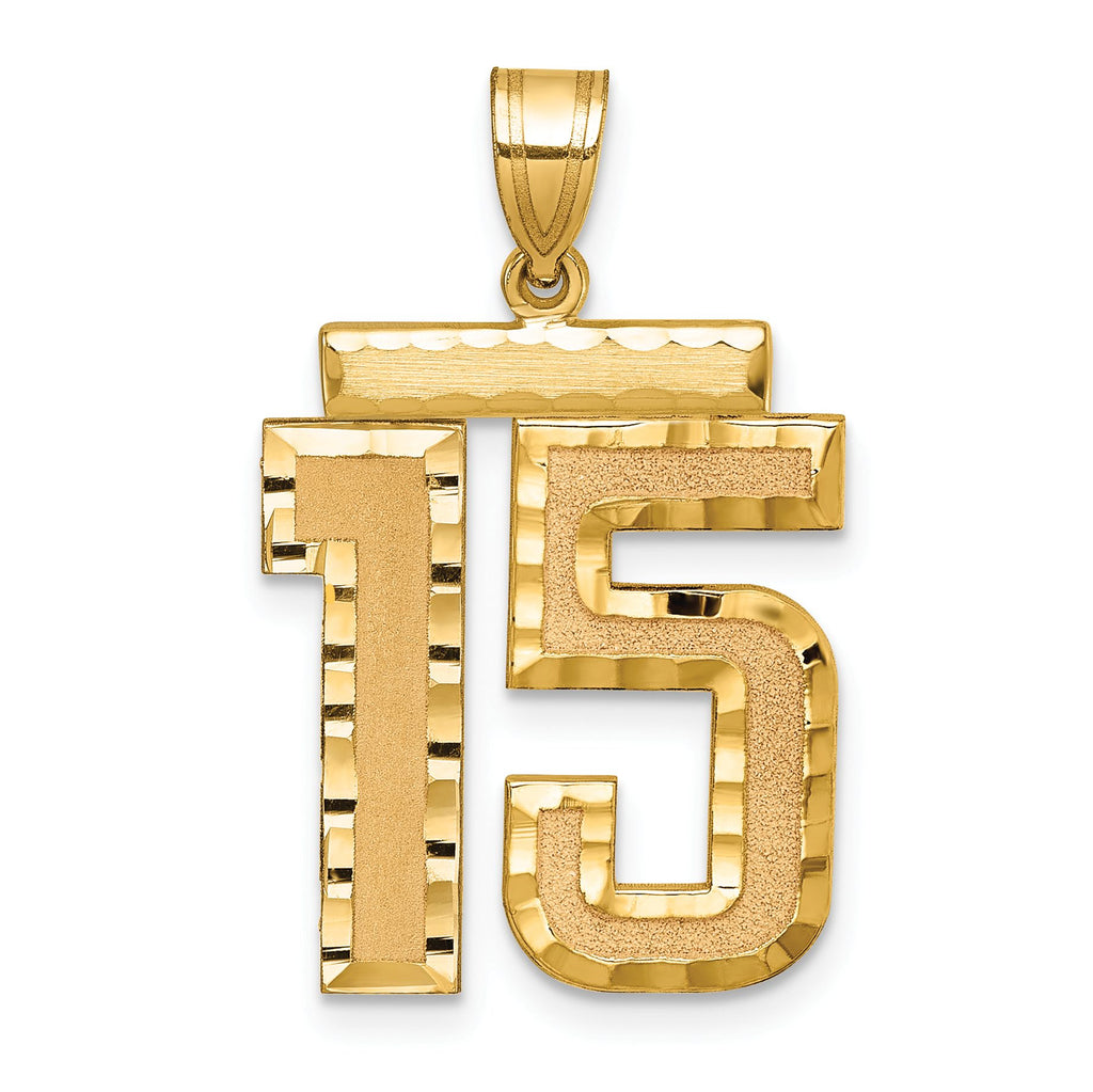 Large Number 15 Charm in 14K Yellow Gold, Brushed & Diamond-Cut - Sophia Jewelers