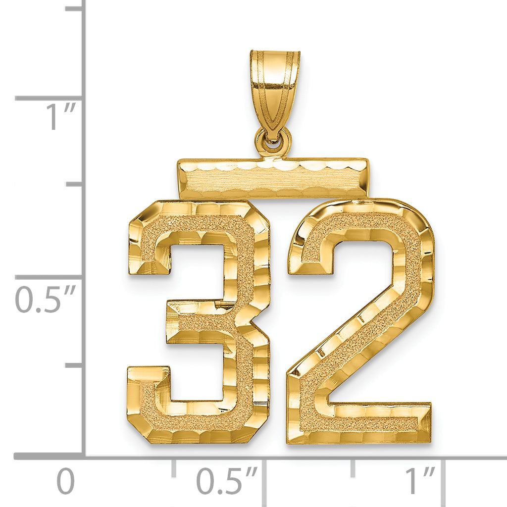 Large Number 32 Charm in 14K Yellow Gold, Brushed & Diamond-Cut - Sophia Jewelers