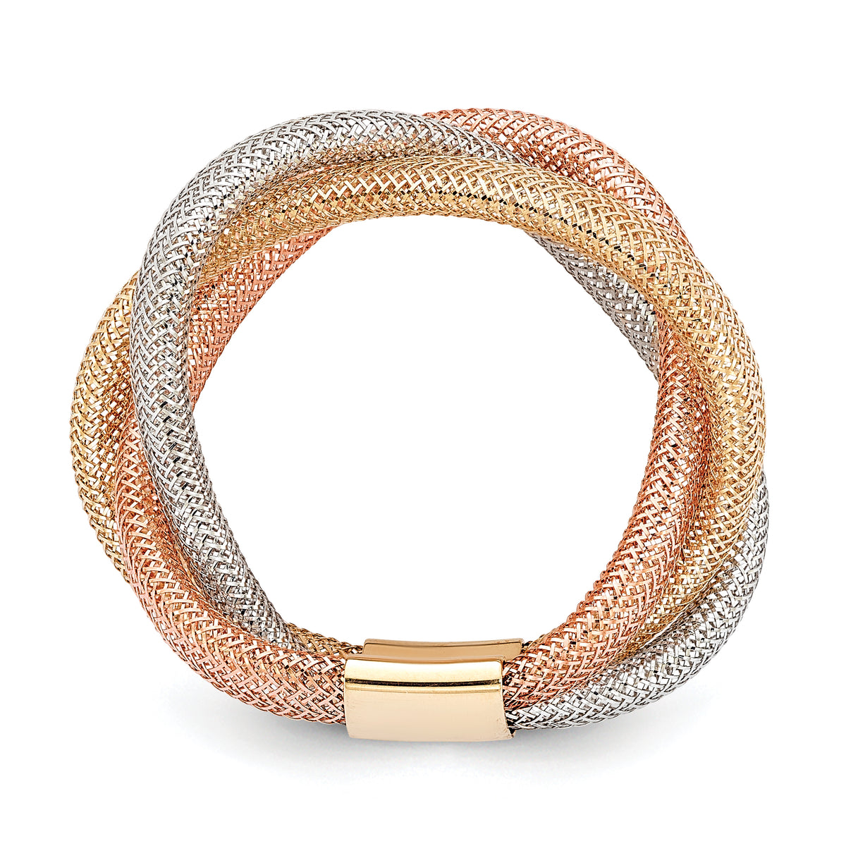 14K with White Rhodium and Rose Gold-plating Polished and Textured Intertwined size 6 Stretch Ring