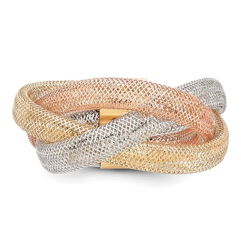 14K with White Rhodium and Rose Gold-plating Polished and Textured Intertwined size 6 Stretch Ring