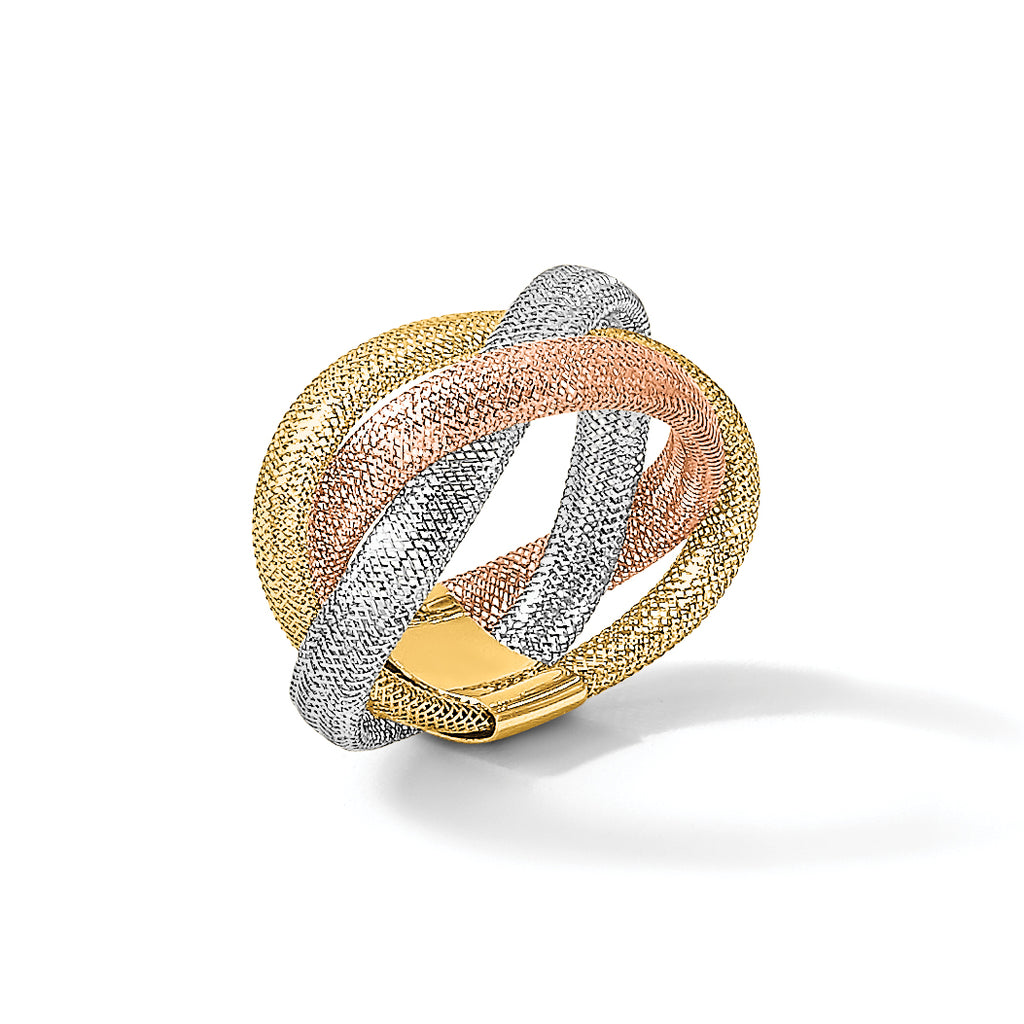 14K with White Rhodium and Rose Gold-plating Polished and Textured Intertwined size 6 Stretch Ring
