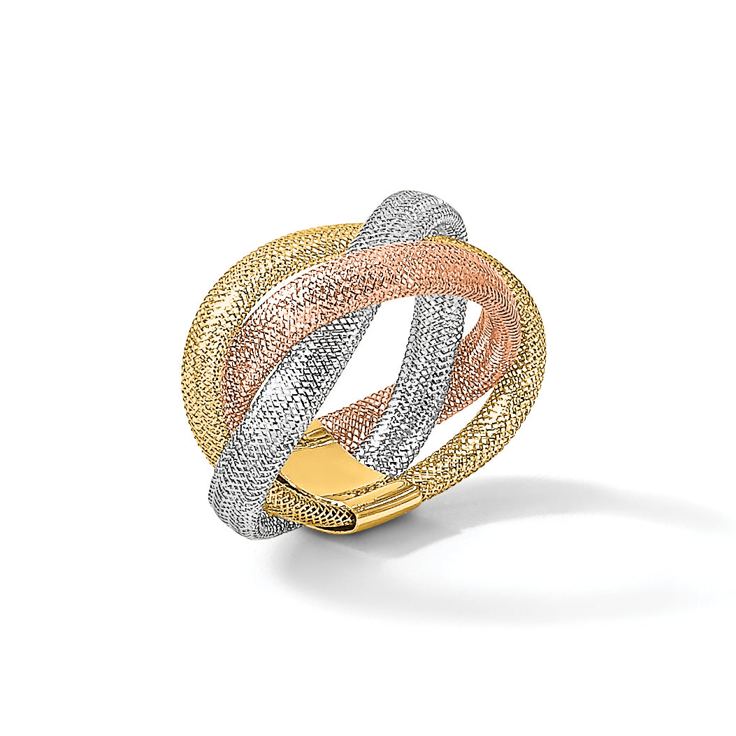 14K with White Rhodium and Rose Gold-plating Polished and Textured Intertwined size 6 Stretch Ring