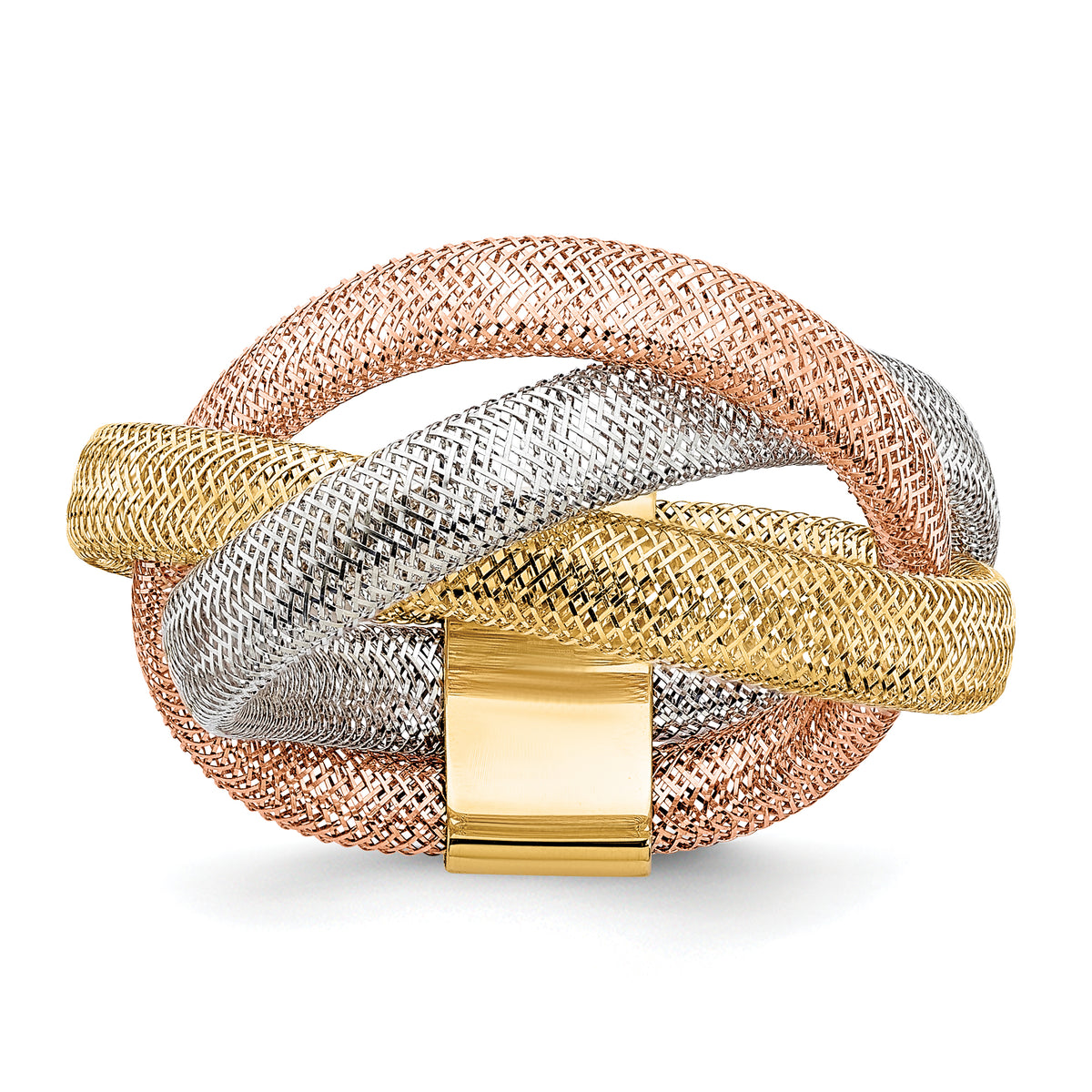 14K with White Rhodium and Rose Gold-plating Polished and Textured Intertwined size 6 Stretch Ring