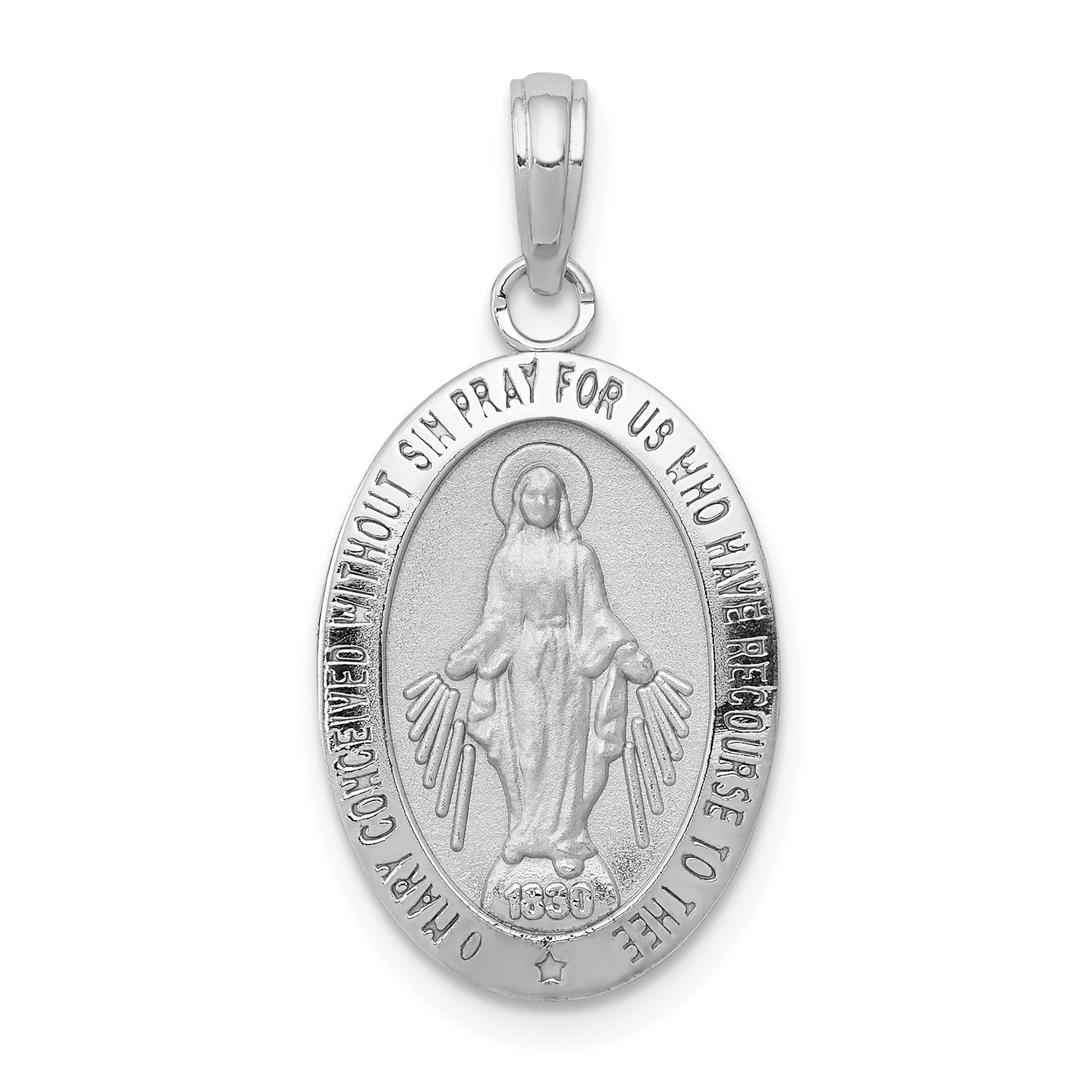 14k White Gold Polished and Satin Solid Miraculous Medal Oval Pendant Main image