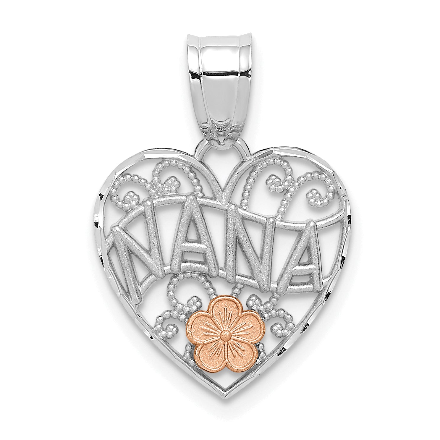 14k White Gold w/Rose Gold Flower NANA Heart Pendant Main image