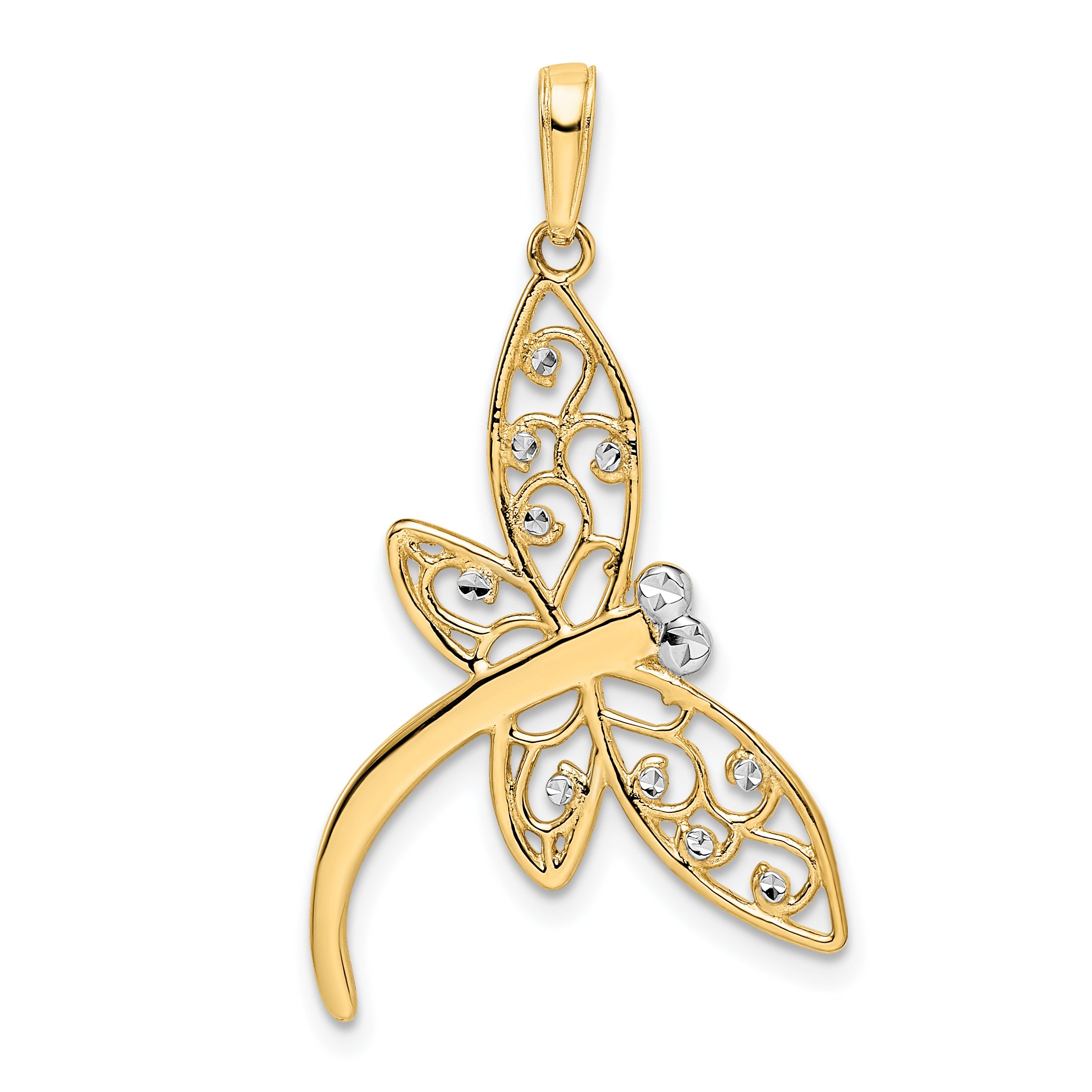 14k and White Rhodium Diamond-cut Filigree Dragonfly Pendant Main image