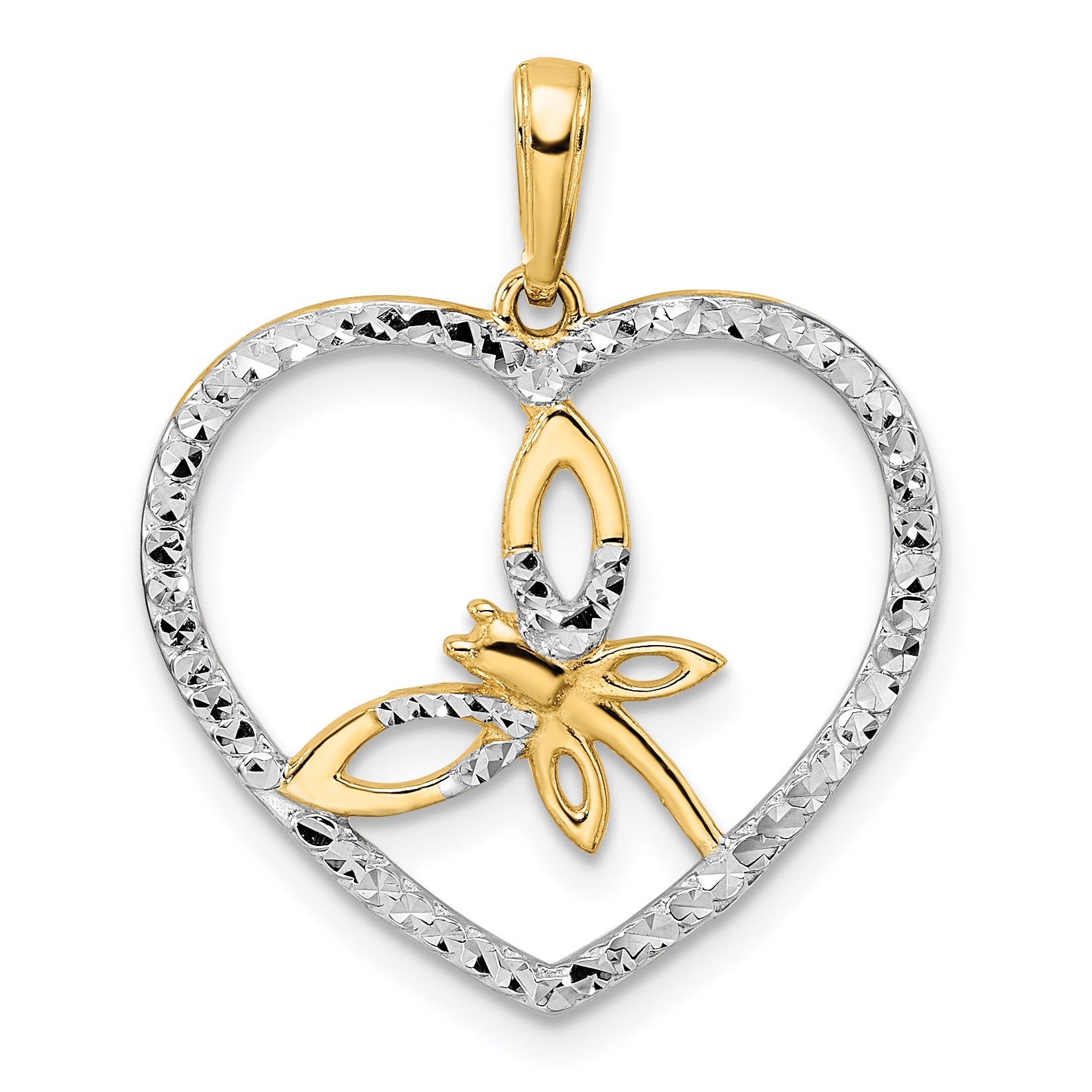 14k and White Rhodium Diamond-cut Dragonfly in Heart Pendant Main image