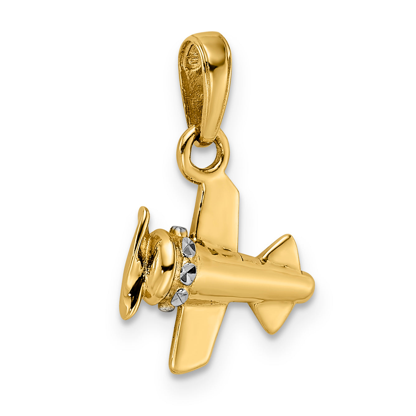 14k w/ White Rhodium 3D Diamond-cut Airplane Pendant