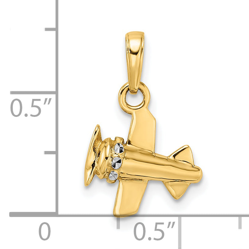 14k w/ White Rhodium 3D Diamond-cut Airplane Pendant