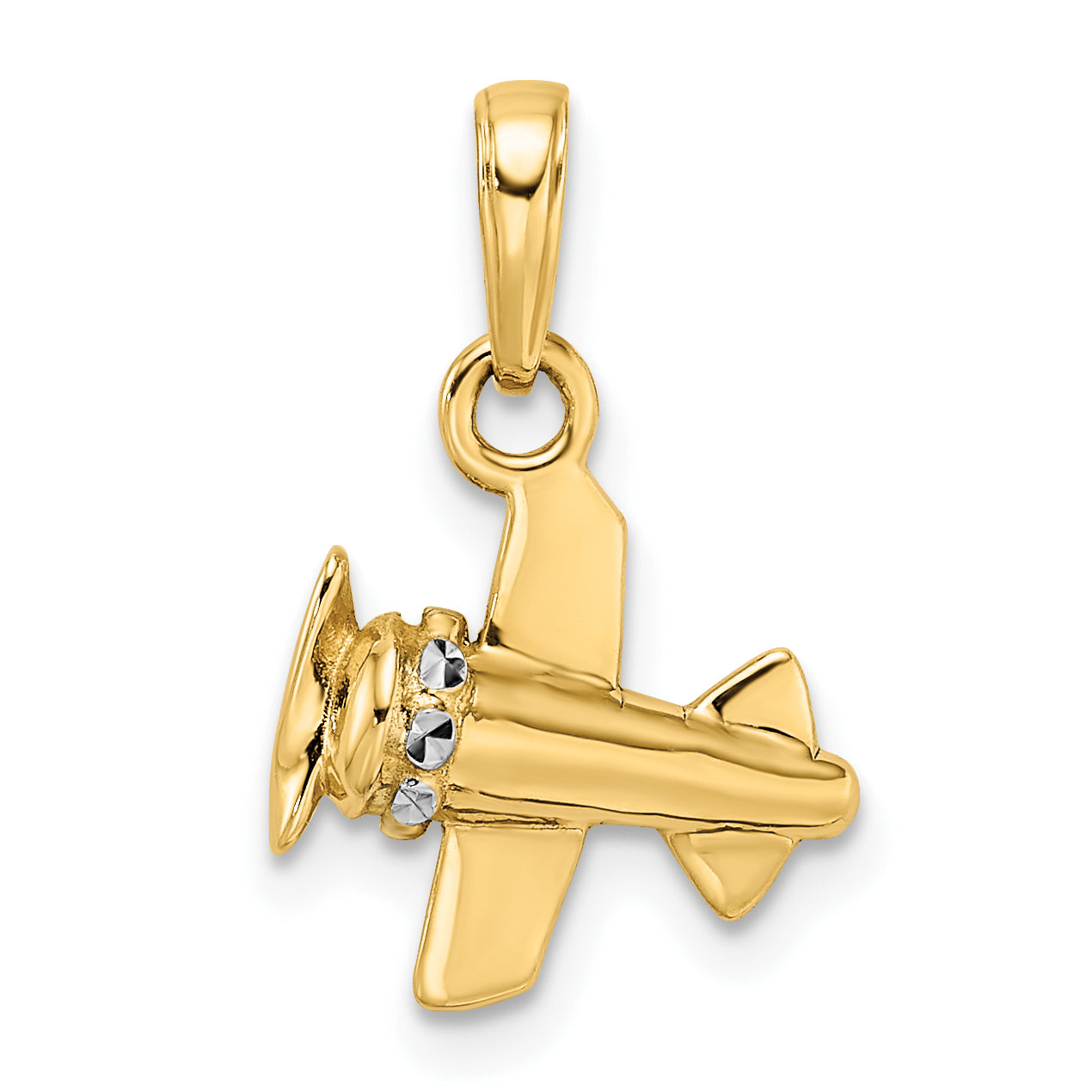 14k w/ White Rhodium 3D Diamond-cut Airplane Pendant