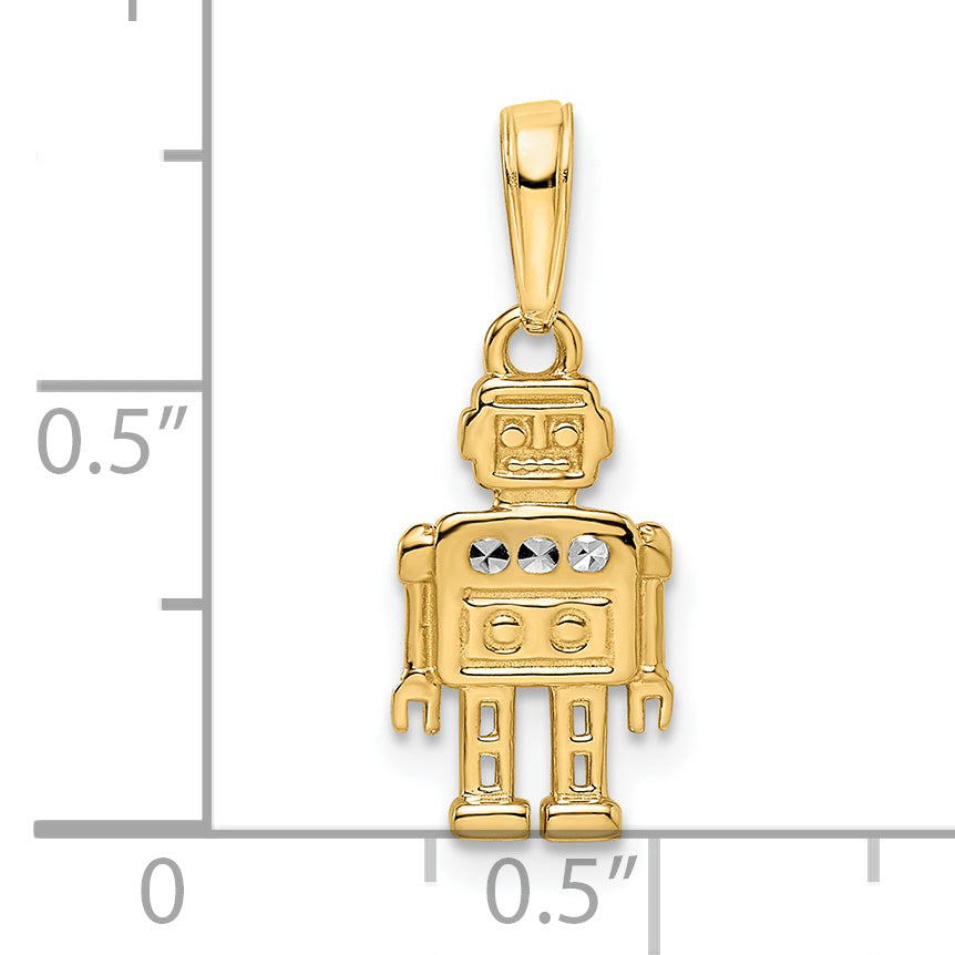 14k w/ White Rhodium Diamond-cut Robot Pendant