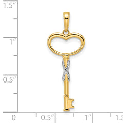 14k and White Rhodium Diamiond-cut Heart Key Pendant