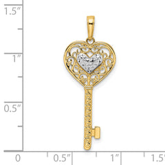 14k and White Rhodium Diamond-cut Heart Filigree Key Pendant