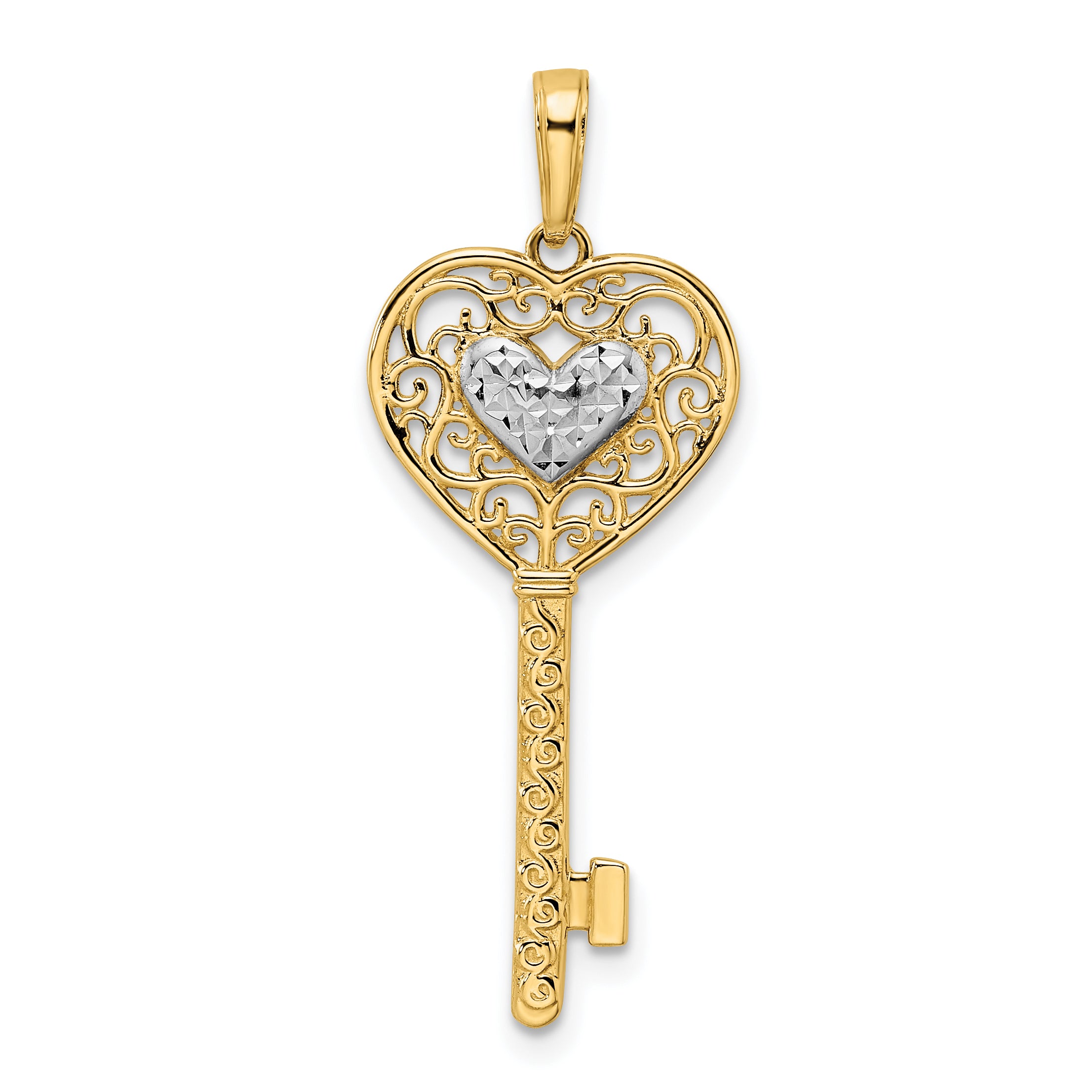 14k and White Rhodium Diamond-cut Heart Filigree Key Pendant Main image