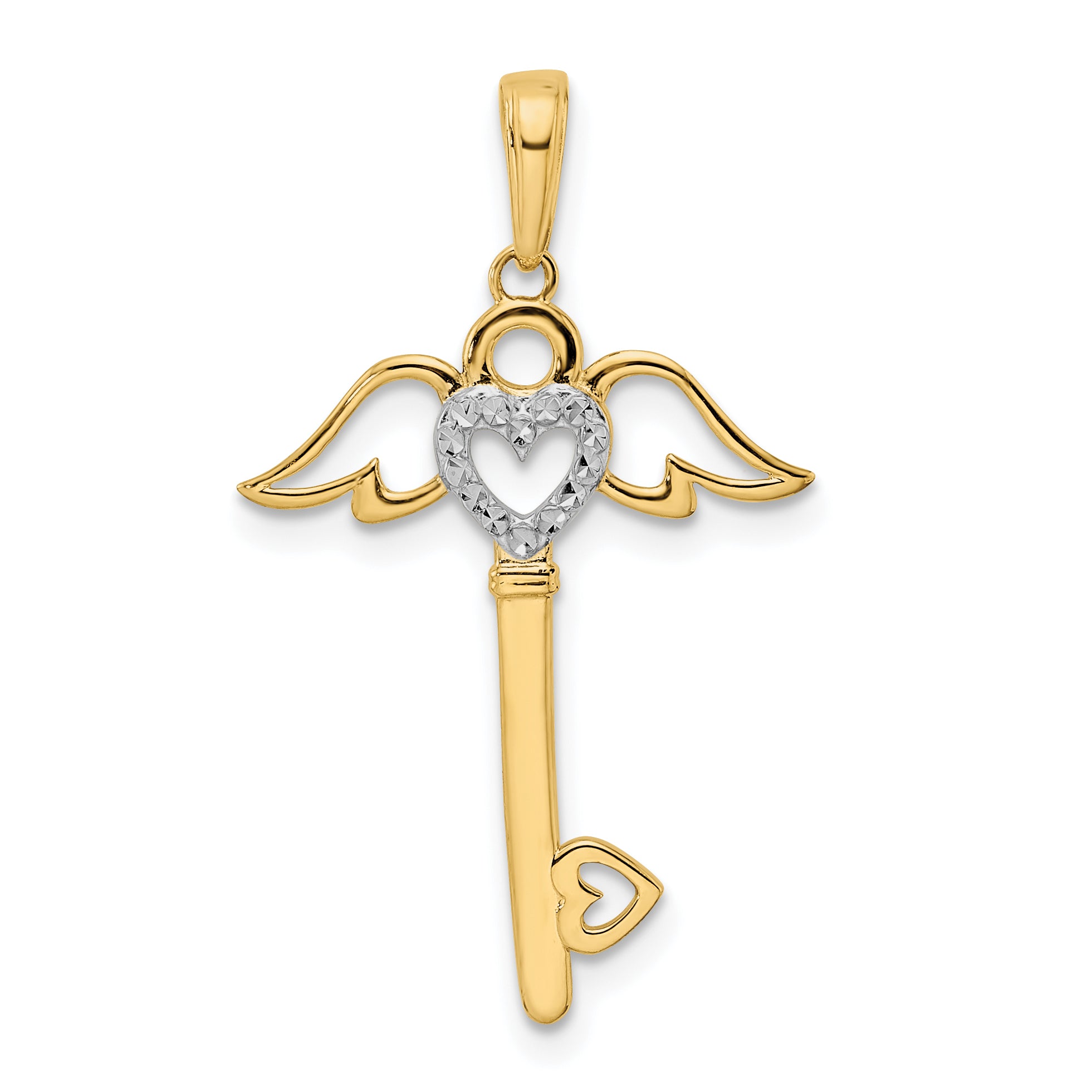 14k and White Rhodium D/C Heart/ Angel Wings Key Pendant Main image