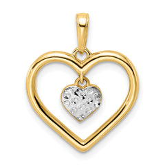 14k and White Rhodium Diamond-cut Heart w/Dangle Heart Pendant