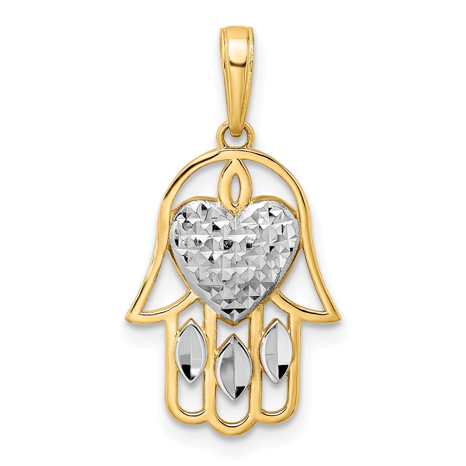 14k & White Rhodium D/C Heart Hamsa Pendant Main image
