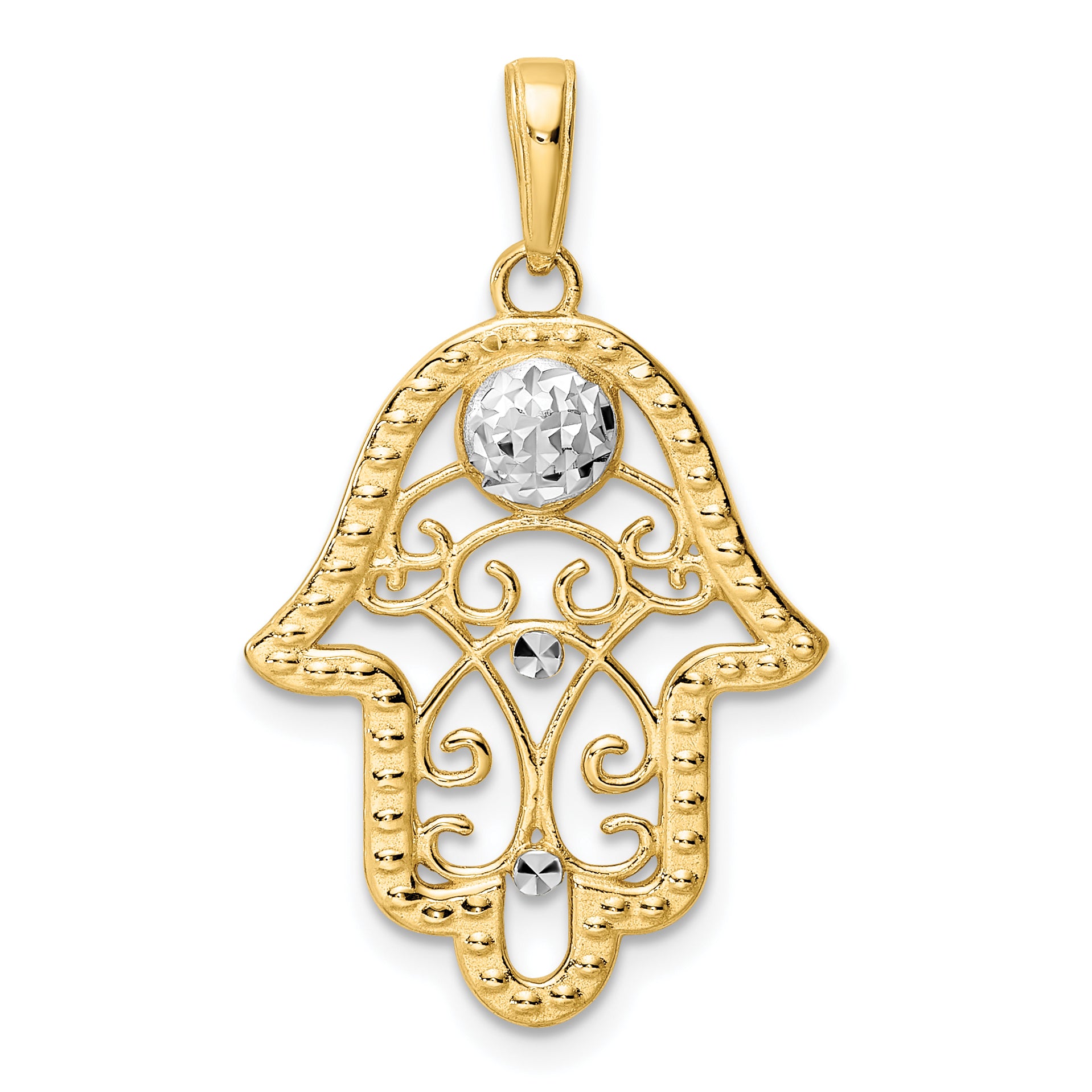 14k & White Rhodium D/C Evil Eye Filigree Hamsa Pendant Main image