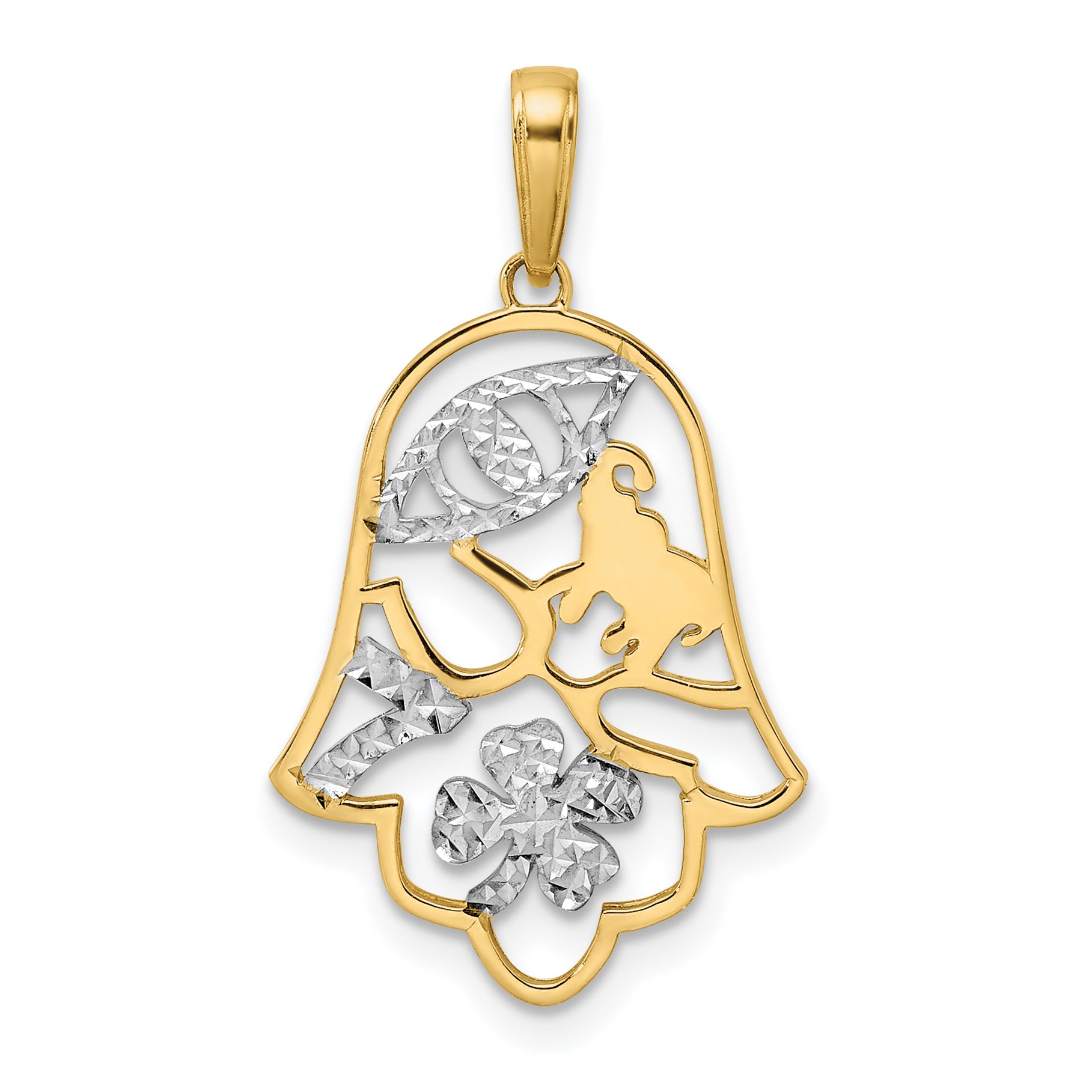 14k & White Rhodium D/C Good Luck Symbols on Hamsa Pendant Main image