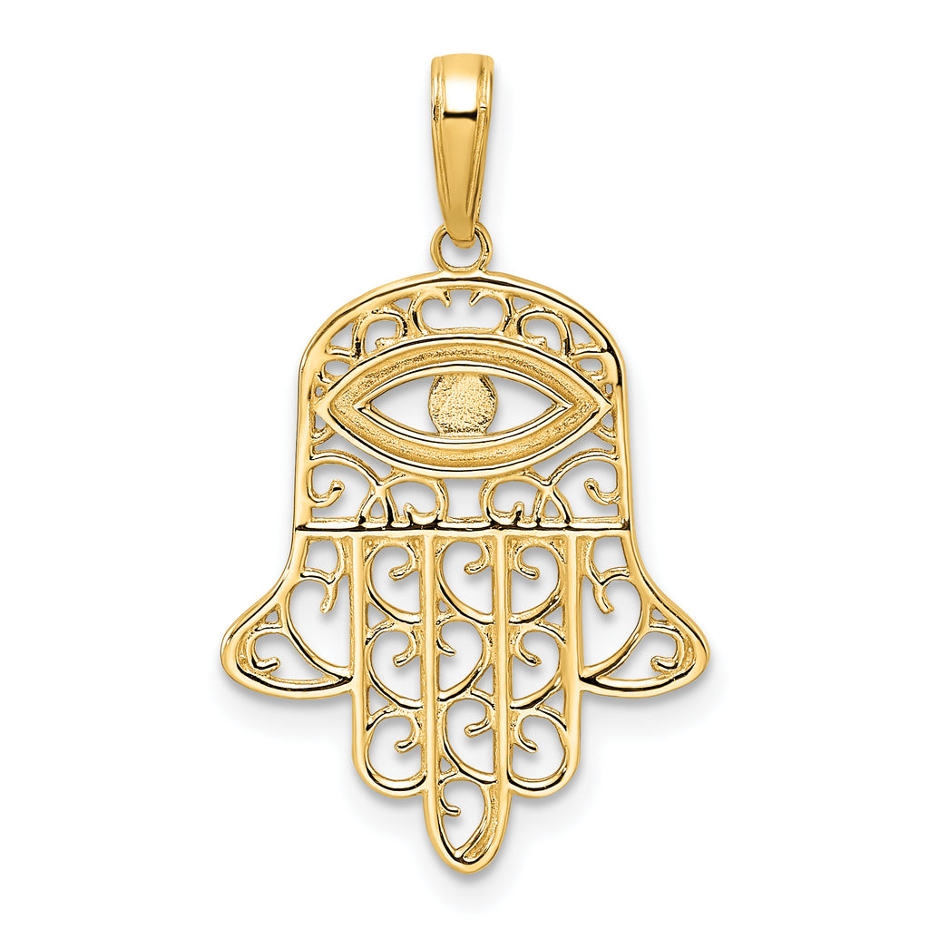 14k & White Rhodium D/C Filigree Evil Eye Hamsa Pendant