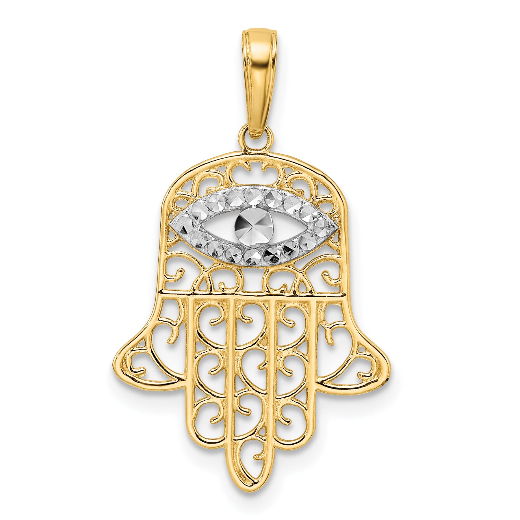14k & White Rhodium D/C Filigree Evil Eye Hamsa Pendant Main image