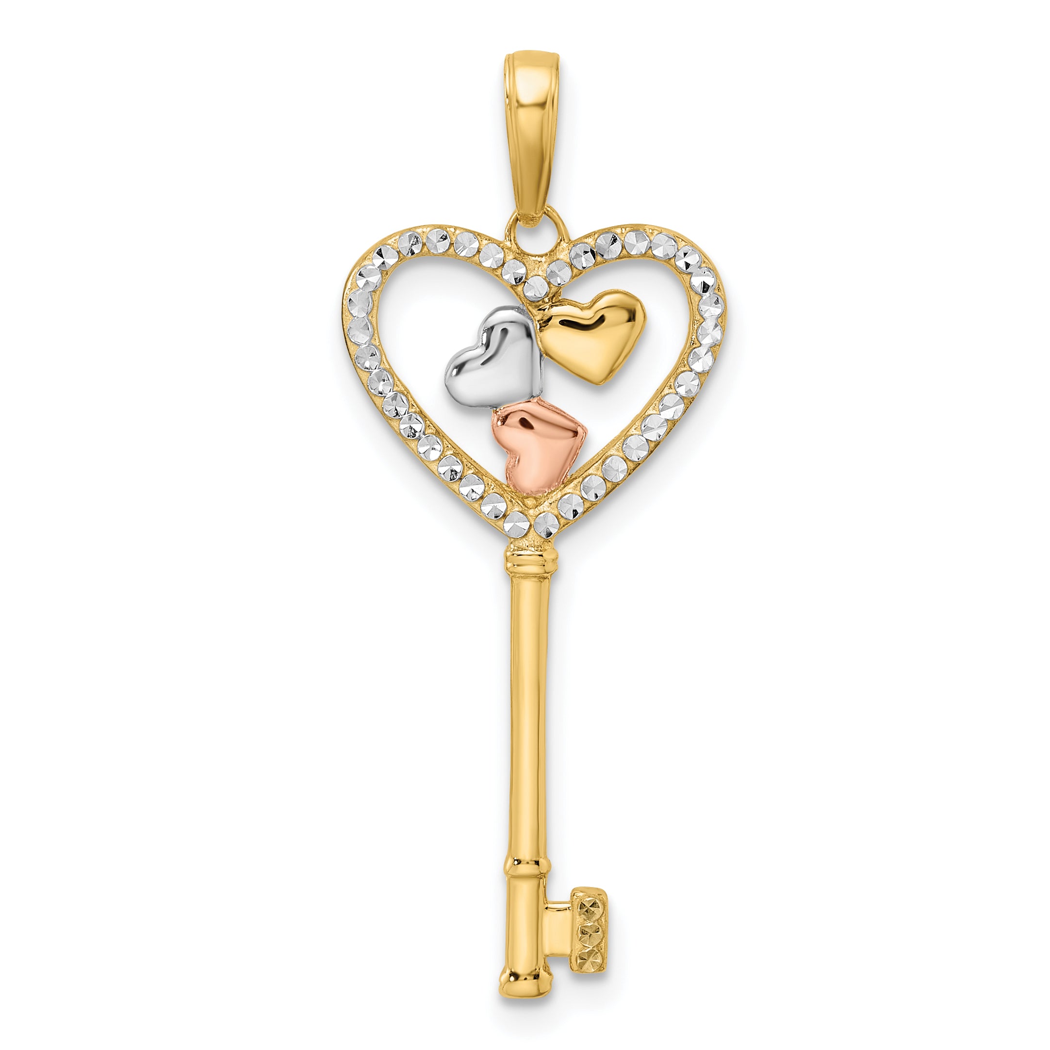 14k w/White and Rose Rhodium Diamond-cut Hearts Key Pendant Main image