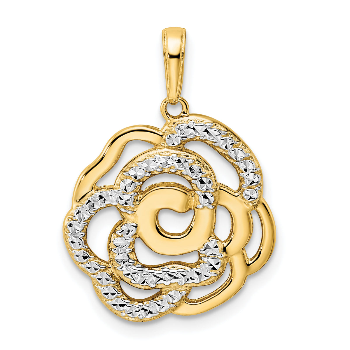 14k and White Rhodium Diamond-cut Flower Pendant