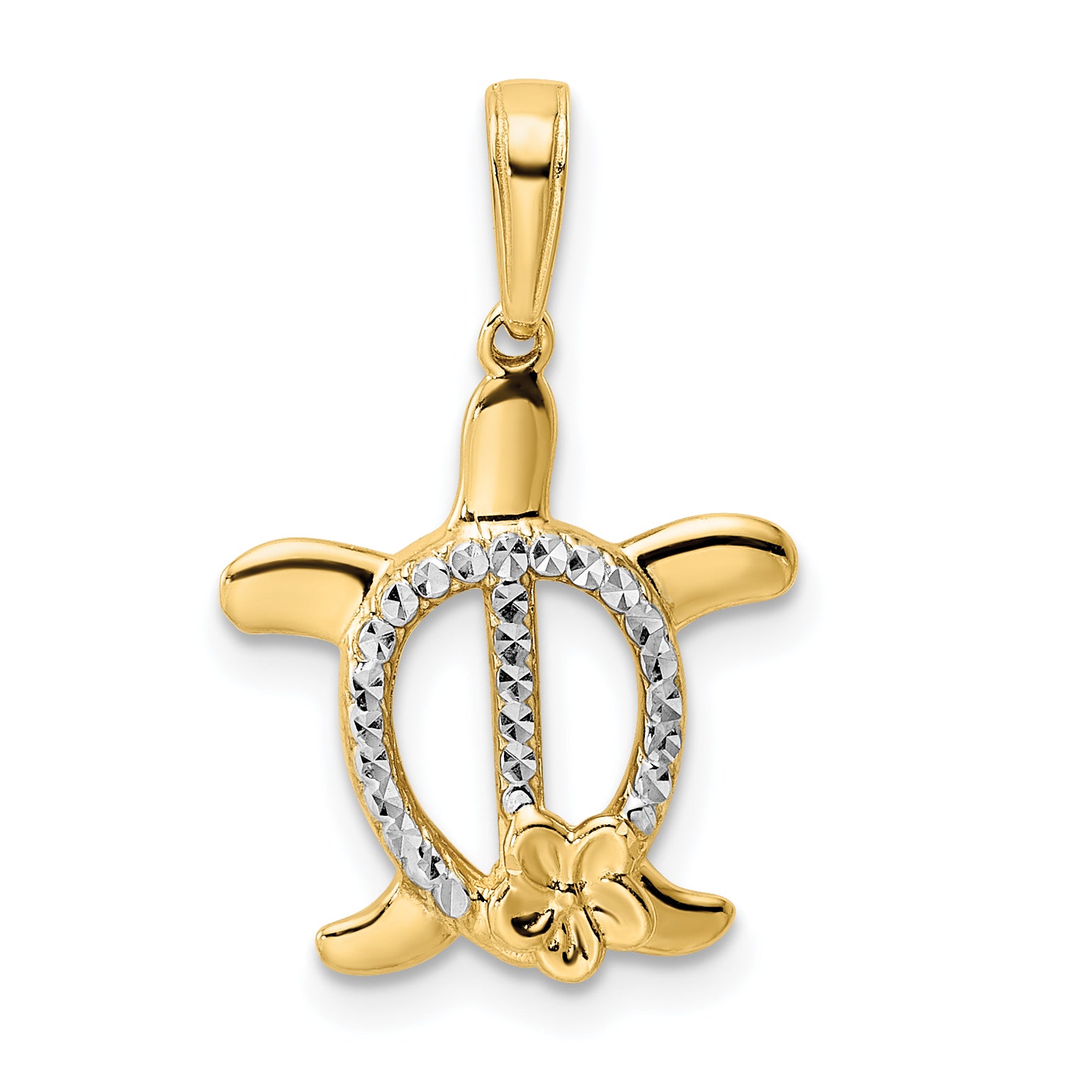 14k and White Rhodium Diamond-cut Turtle w/ Flower Pendant Main image