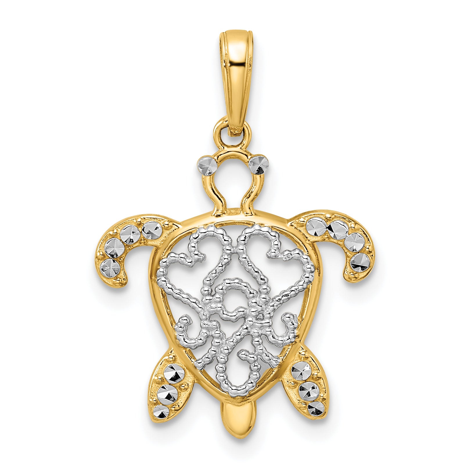 14k and White Rhodium Diamond-cut Filigree Turtle Pendant Main image