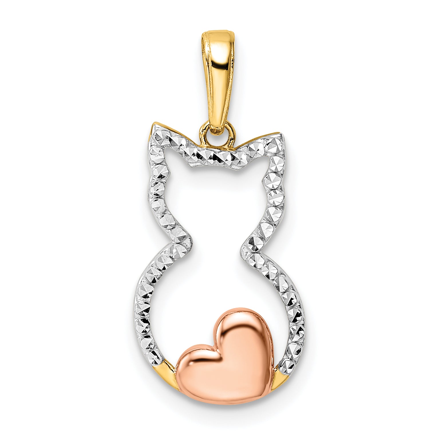 14k w/White and Rose Rhodium Diamond-cut Cat w/ Heart Pendant Main image