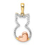 14k w/White and Rose Rhodium Diamond-cut Cat w/ Heart Pendant