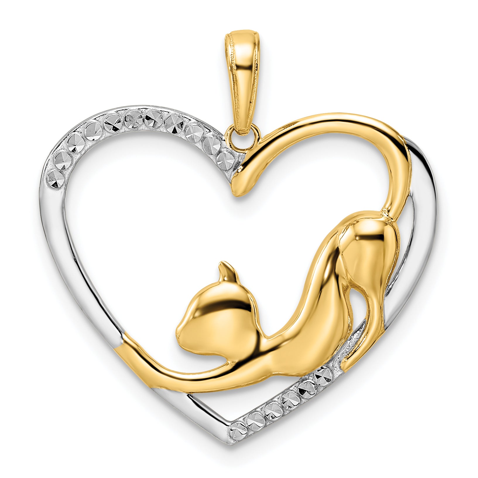 14k and White Rhodium Diamond-cut Cat Stretching in Heart Pendant Main image